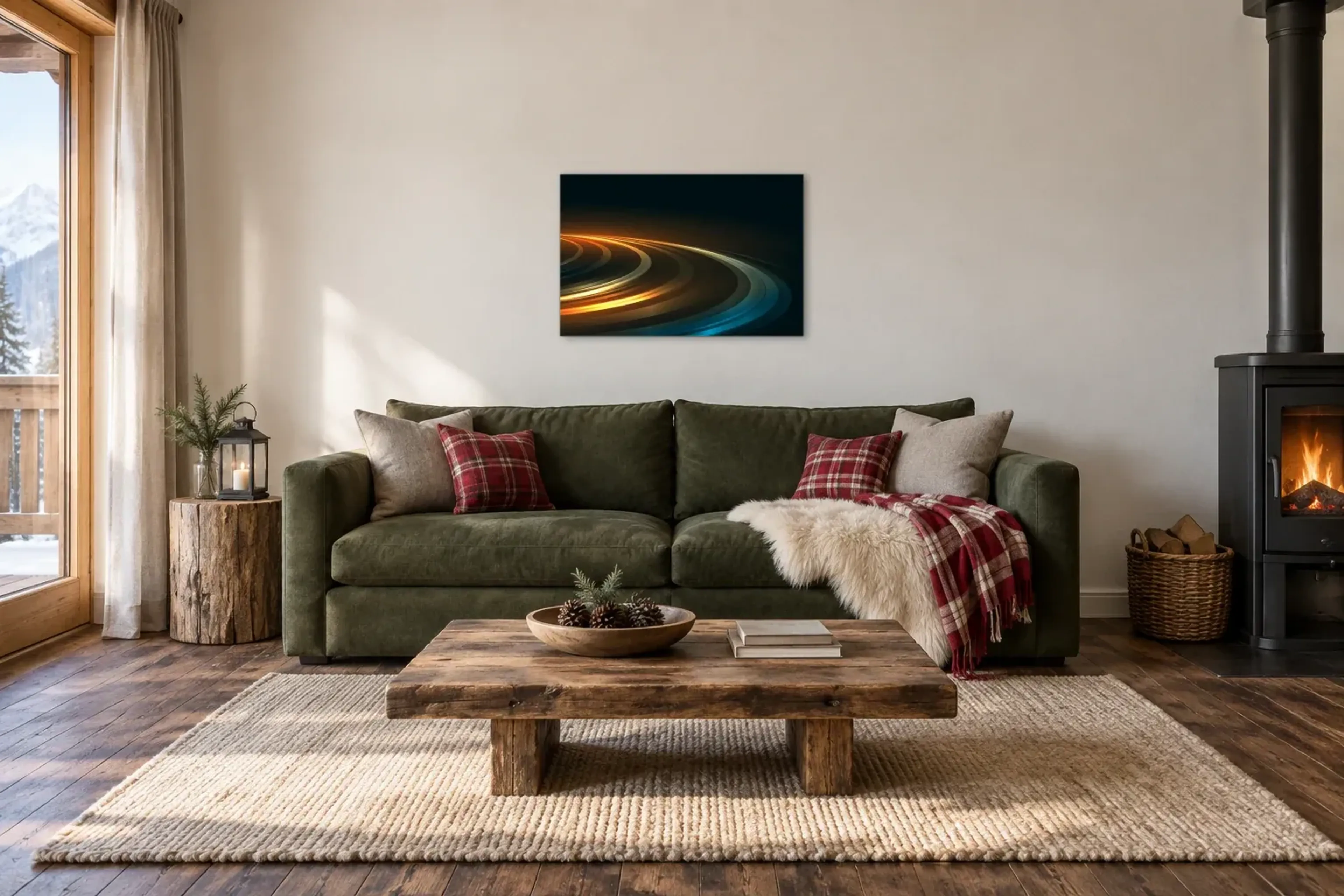 Leuchtende Kreisbahnen als Wandbild über einem 220-cm-Sofa