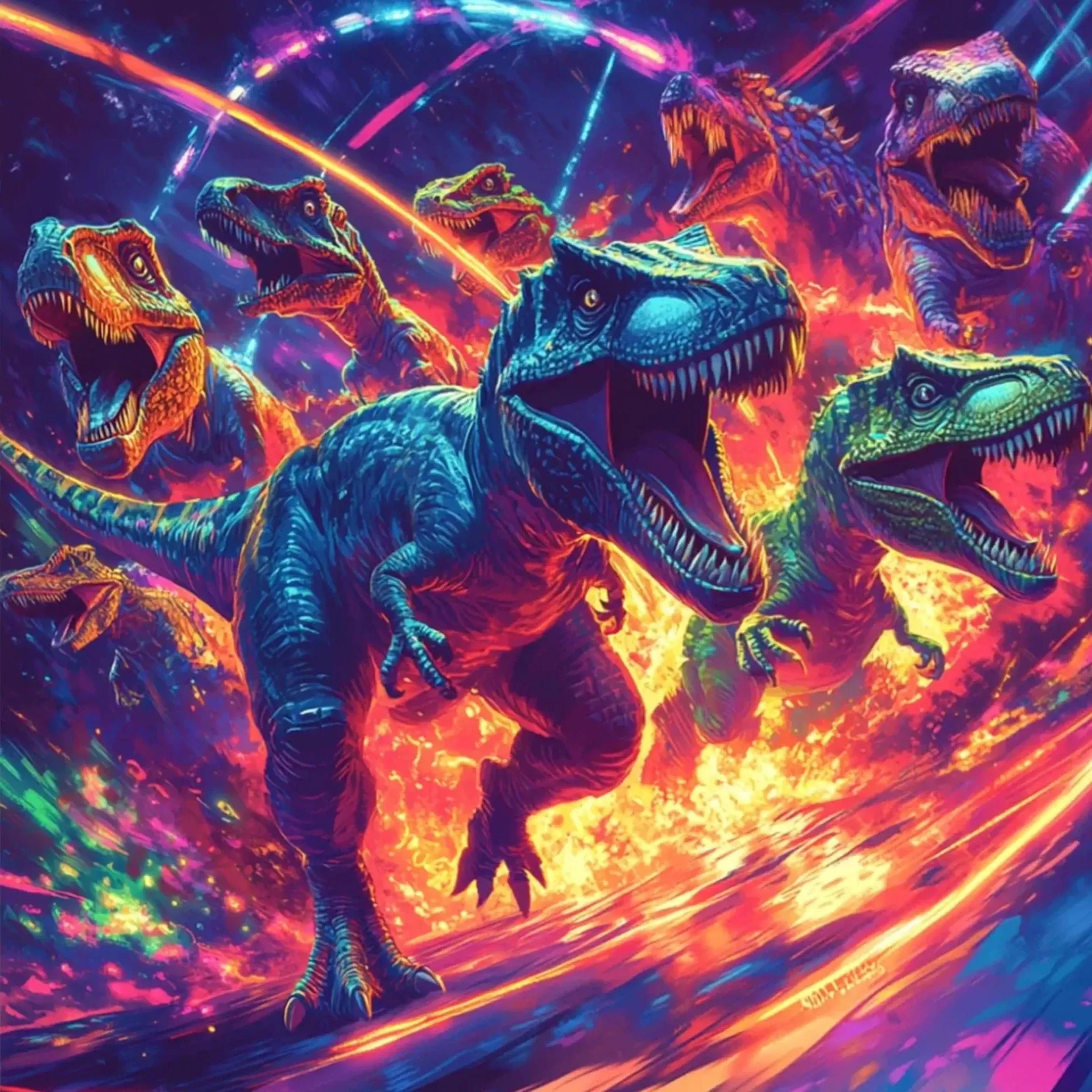 Dinosaurier im Neonwirbel – Motiv als Wandbild auf Holz