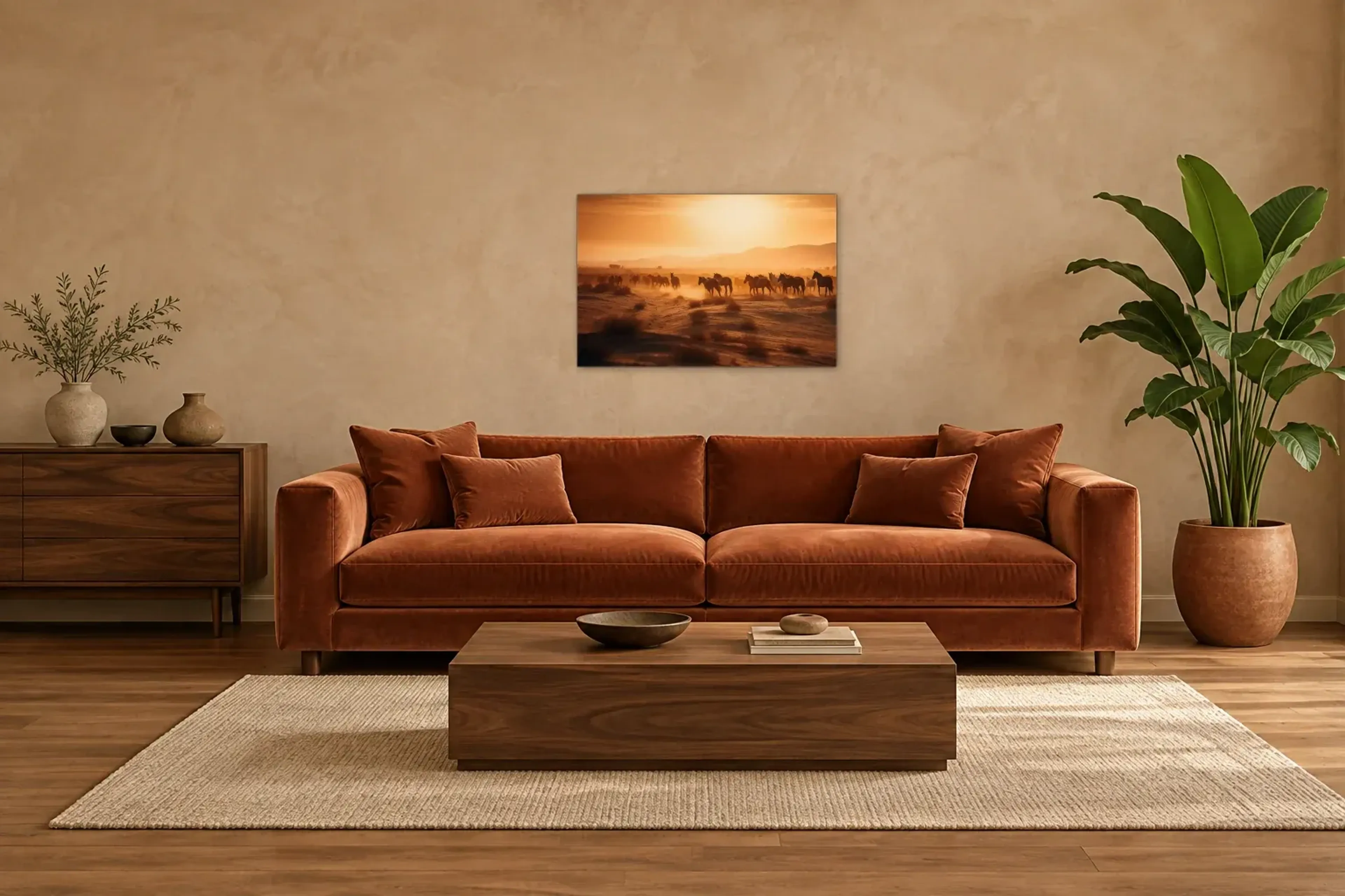 Pferde im goldenen Staub als Wandbild über einem 220-cm-Sofa