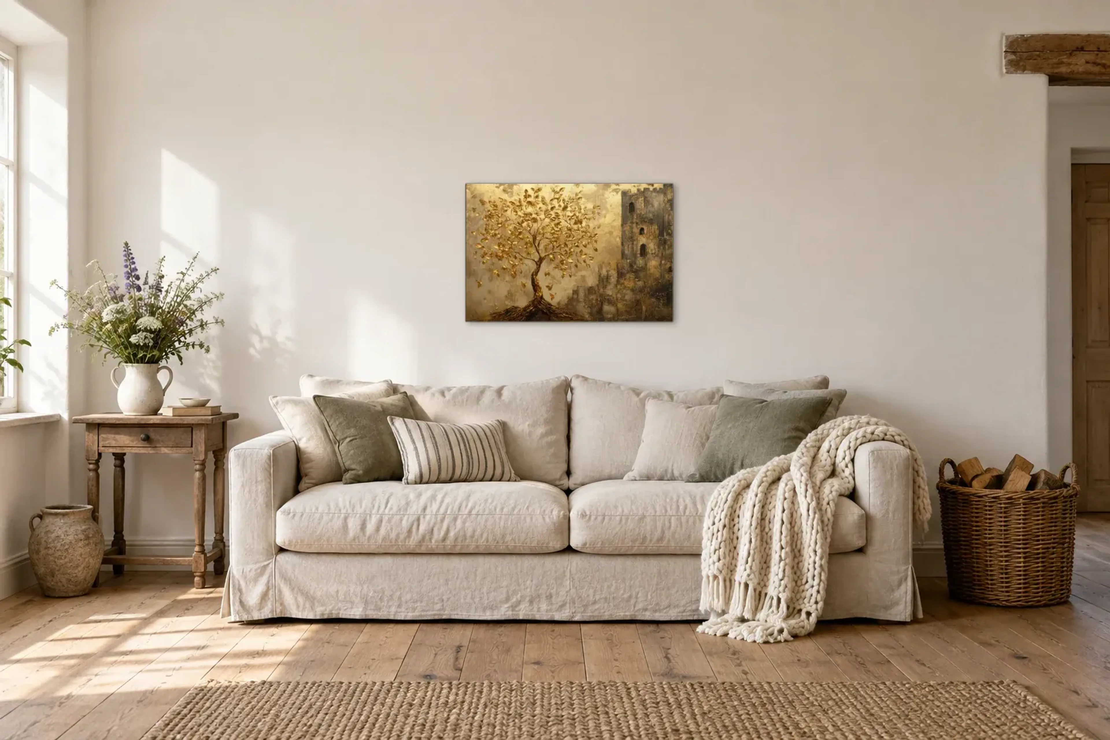 Baum mit goldenen Blättern als Wandbild über einem 220-cm-Sofa