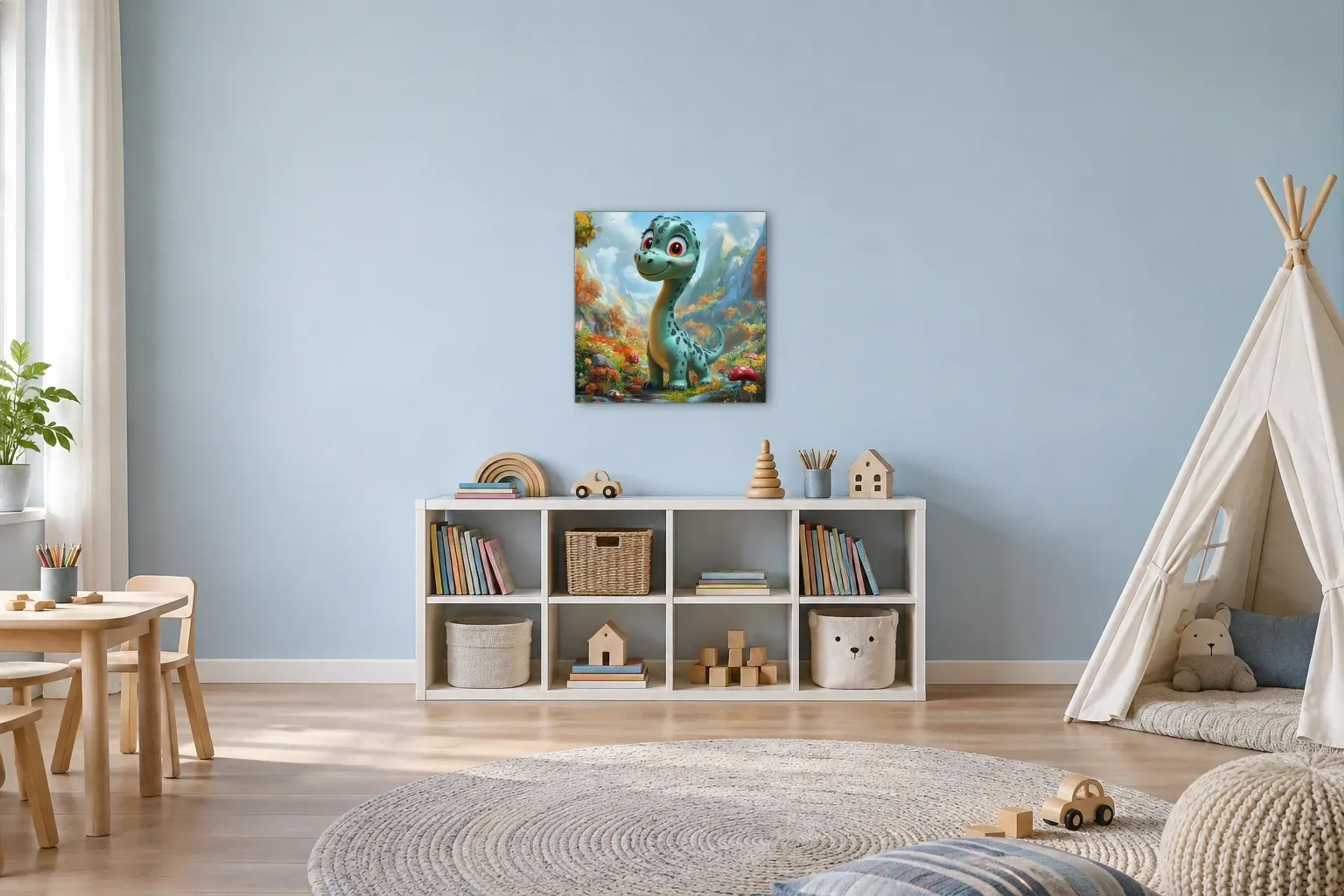 Langhals zwischen Herbstlaub und Pilzen als Wandbild über einem 120-cm-Spielregal