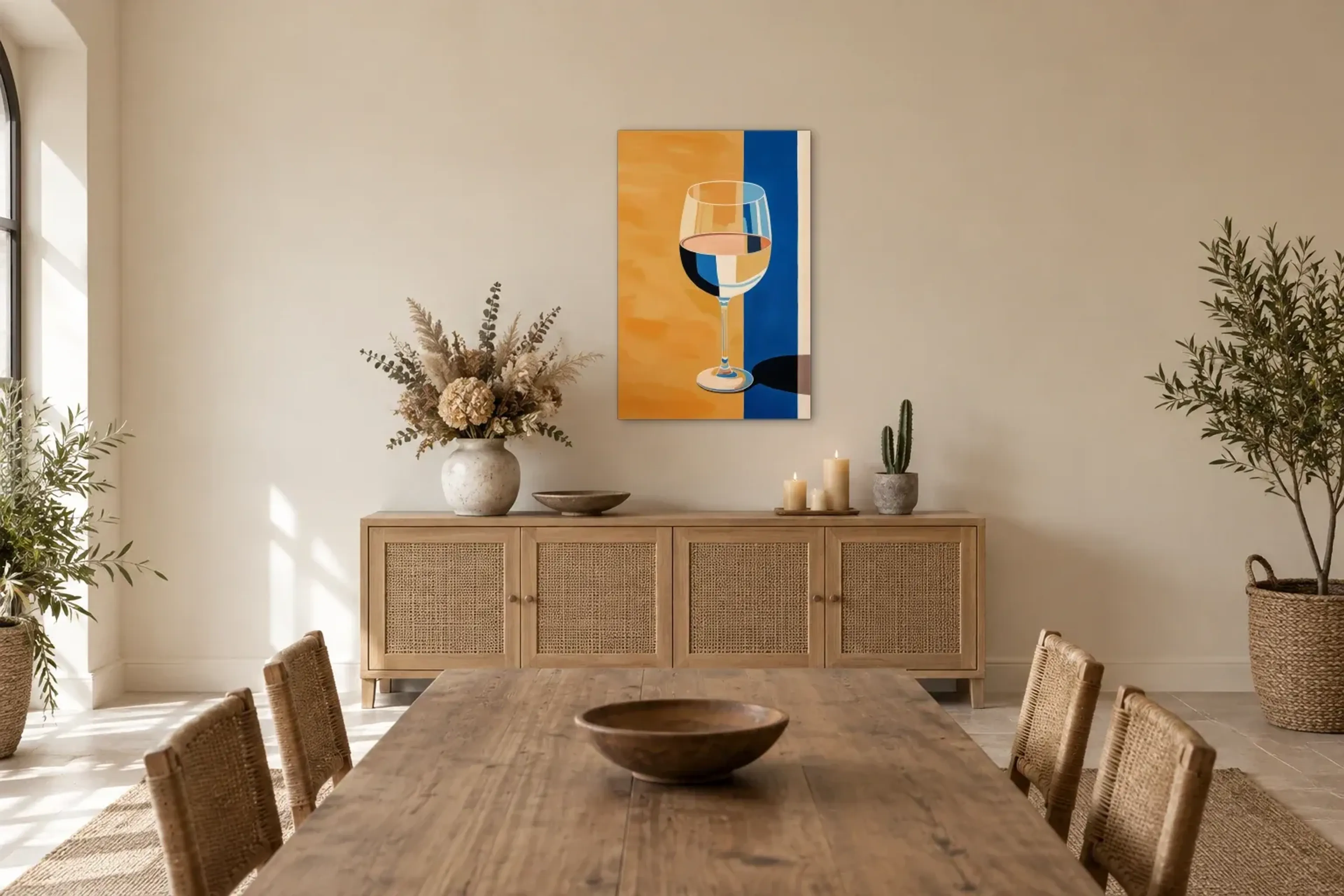 Weinglas in Blau und Ocker als Wandbild über einem 160-cm-Sideboard