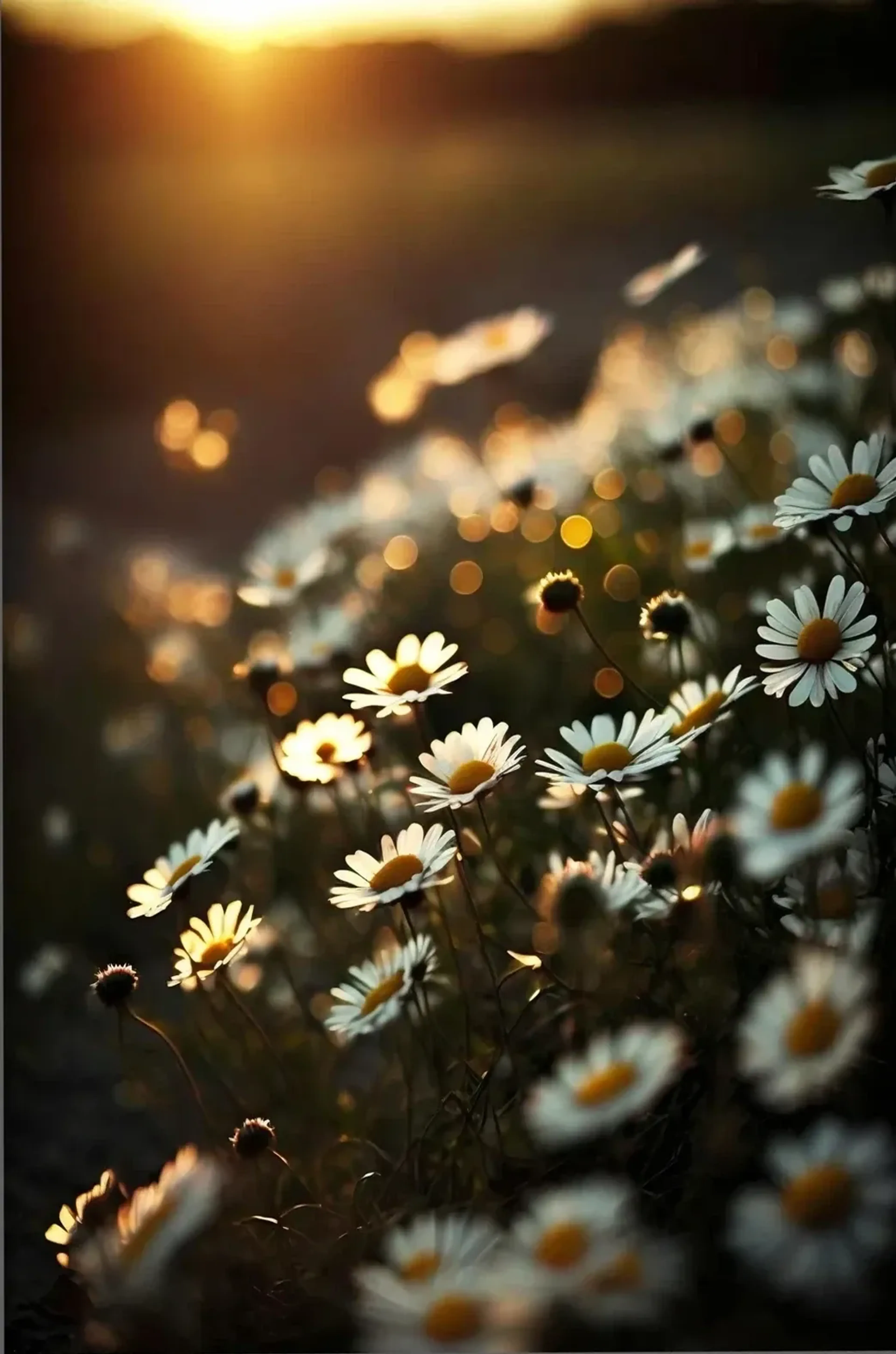 Weiße Blüten mit gelben Mitten in einer dunklen Wiese, beleuchtet von tief stehender Sonne und goldenen Lichtpunkten.