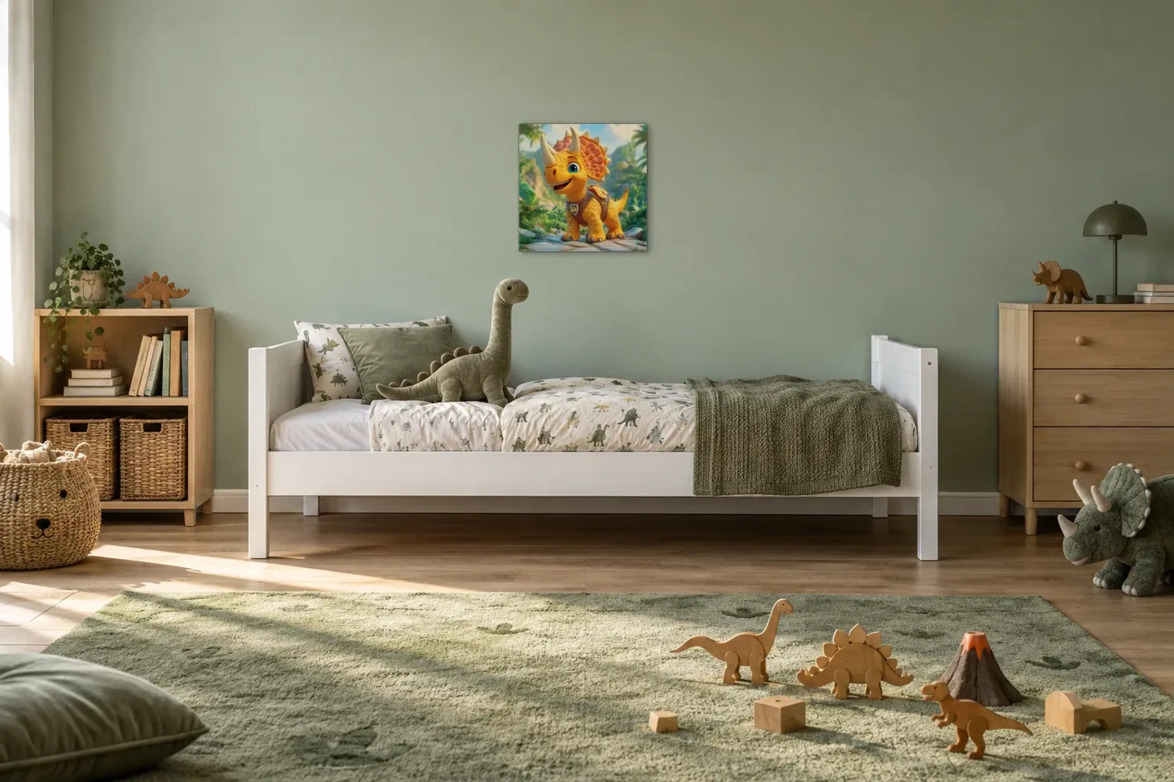 Goldgelber Dino mit Hörnern als Wandbild über einem 200-cm-Kinderbett
