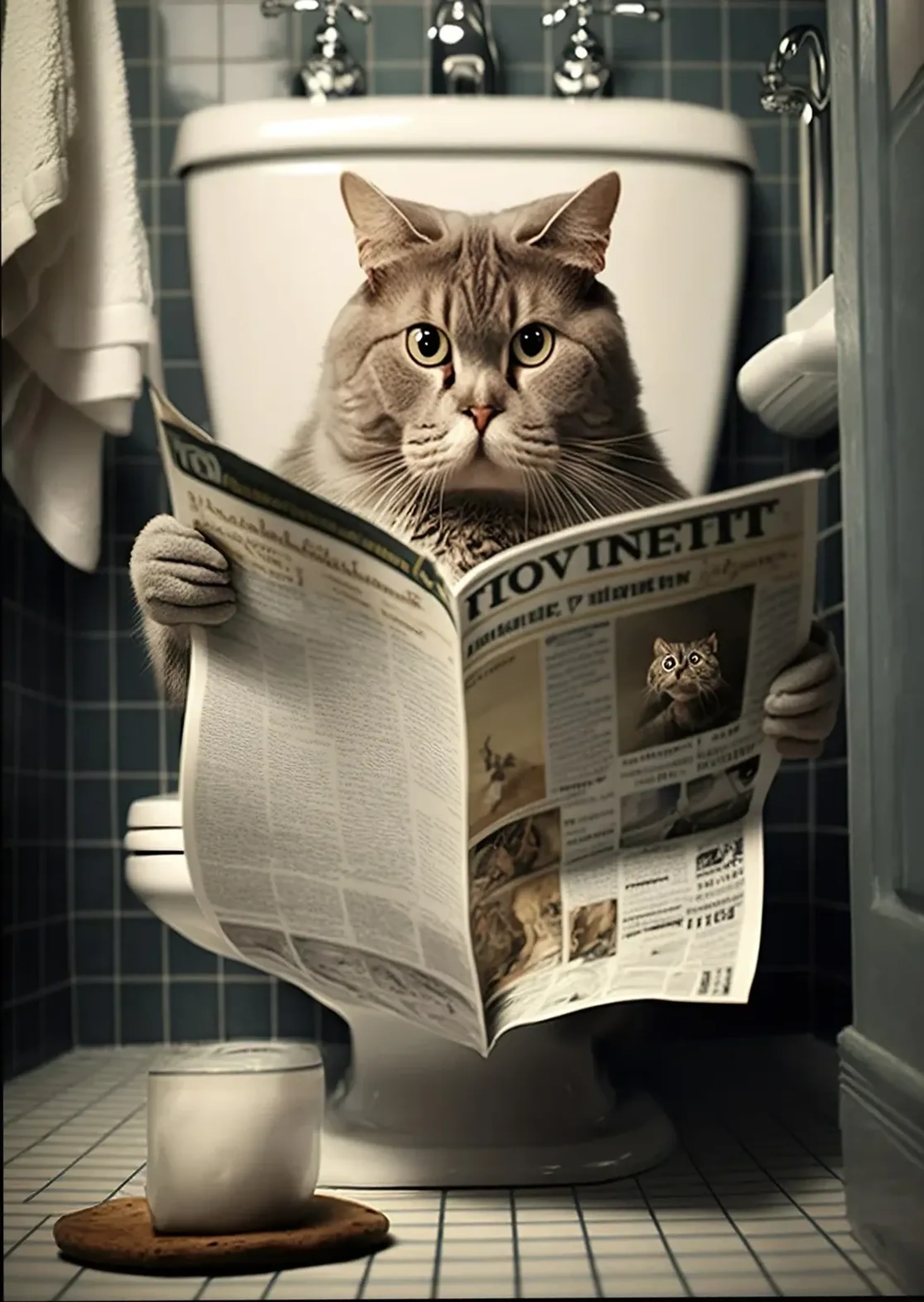 Grau getigerte Katze mit aufgeschlagener Zeitung auf einer Toilette vor dunklen Fliesen.