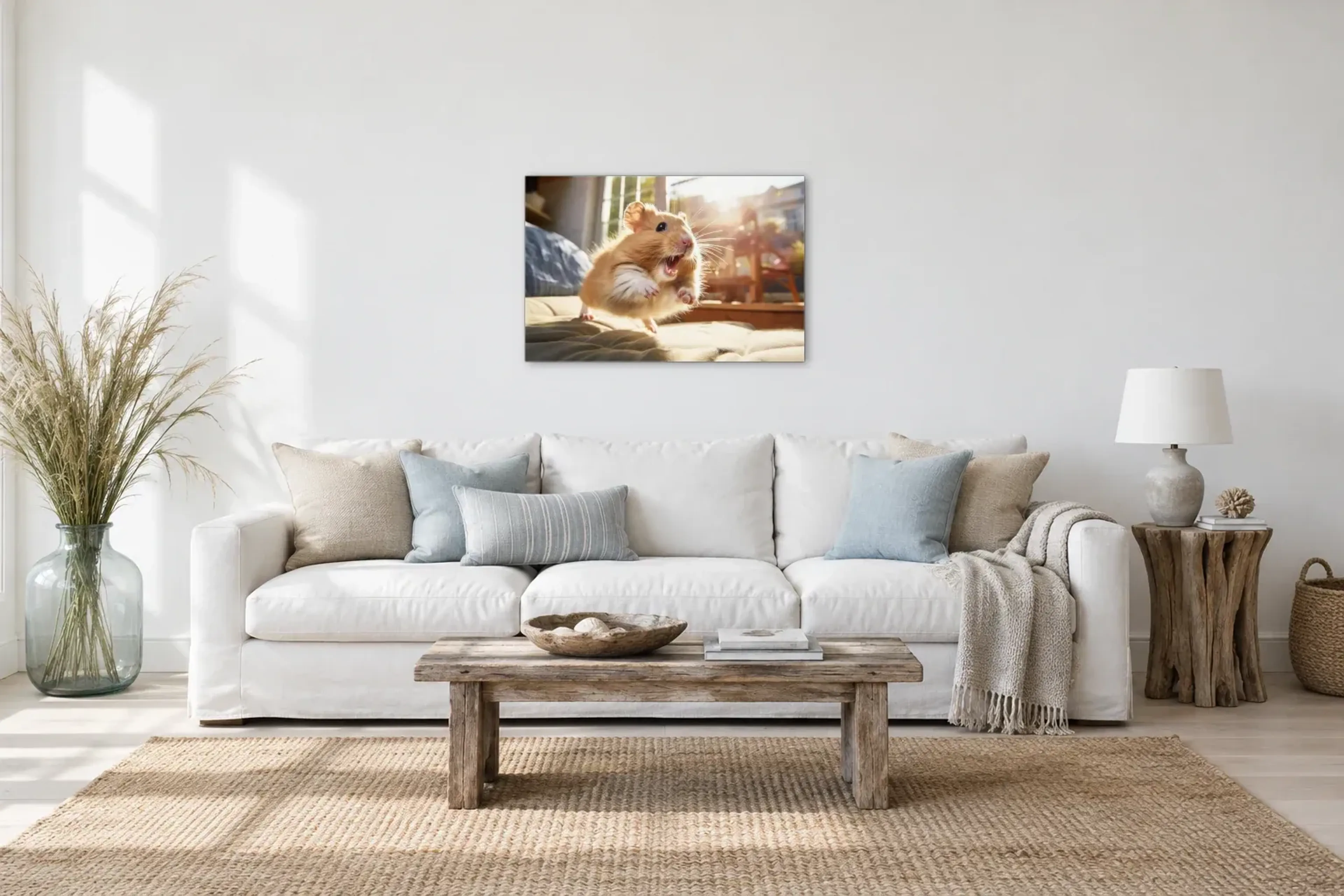 Hamster im Sprung als Wandbild über einem 220-cm-Sofa