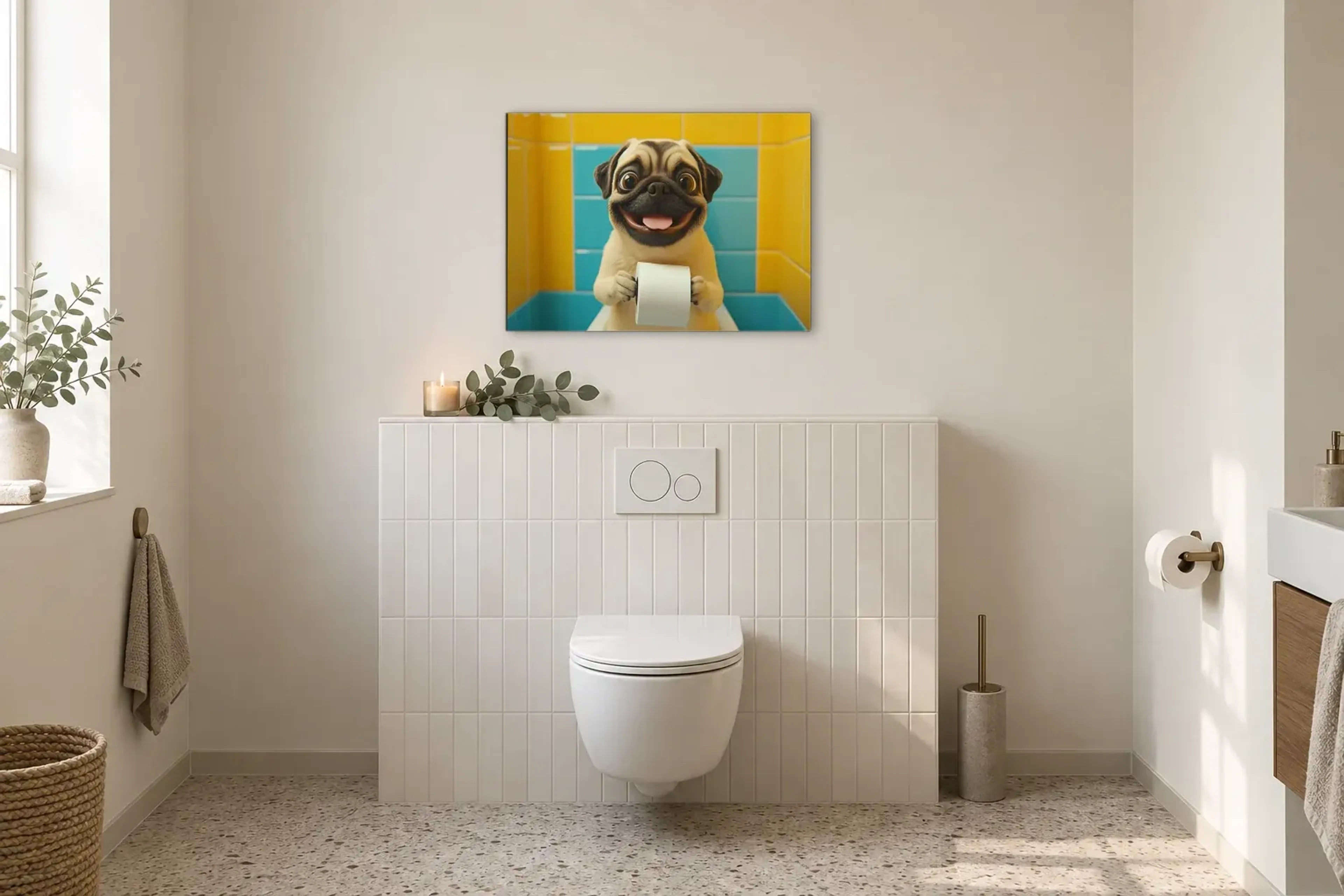 Mops zwischen bunten Fliesen als Wandbild im Gäste-WC