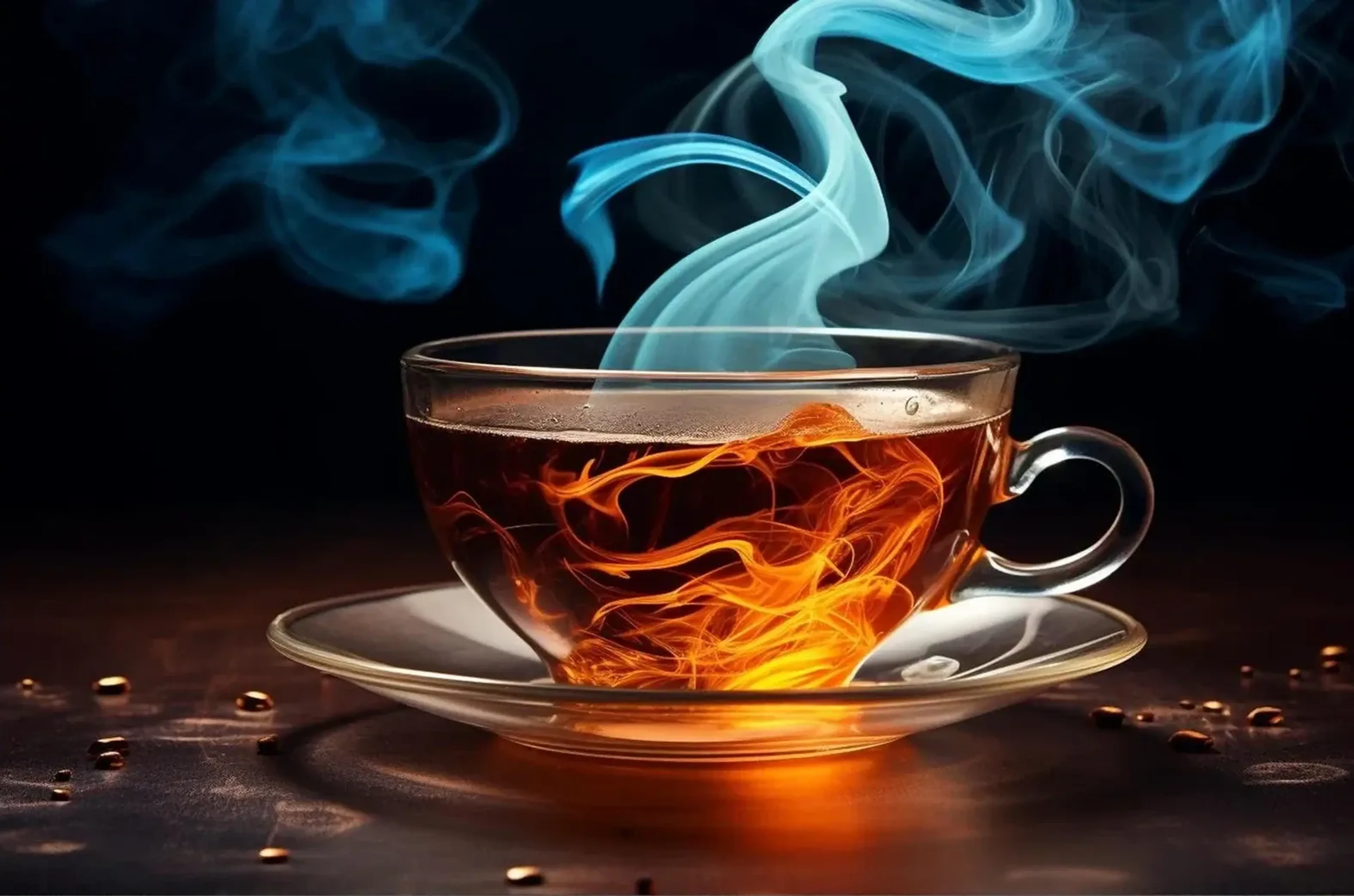 Eine gläserne Teetasse auf einer Untertasse zeigt orangefarbene Feuerwirbel unter türkisblauem Dampf.