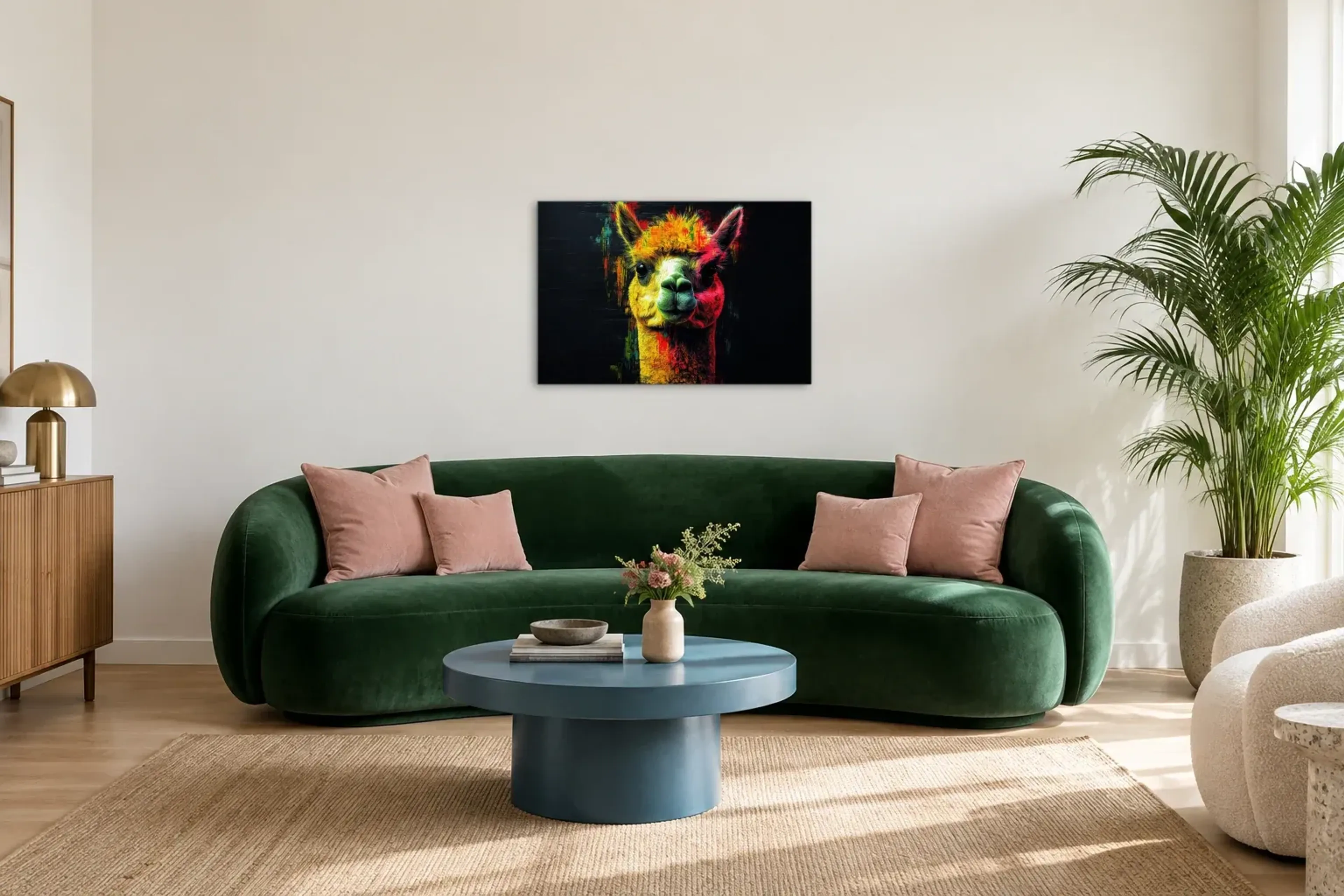 Alpaka in leuchtenden Farben als Wandbild über einem 220-cm-Sofa