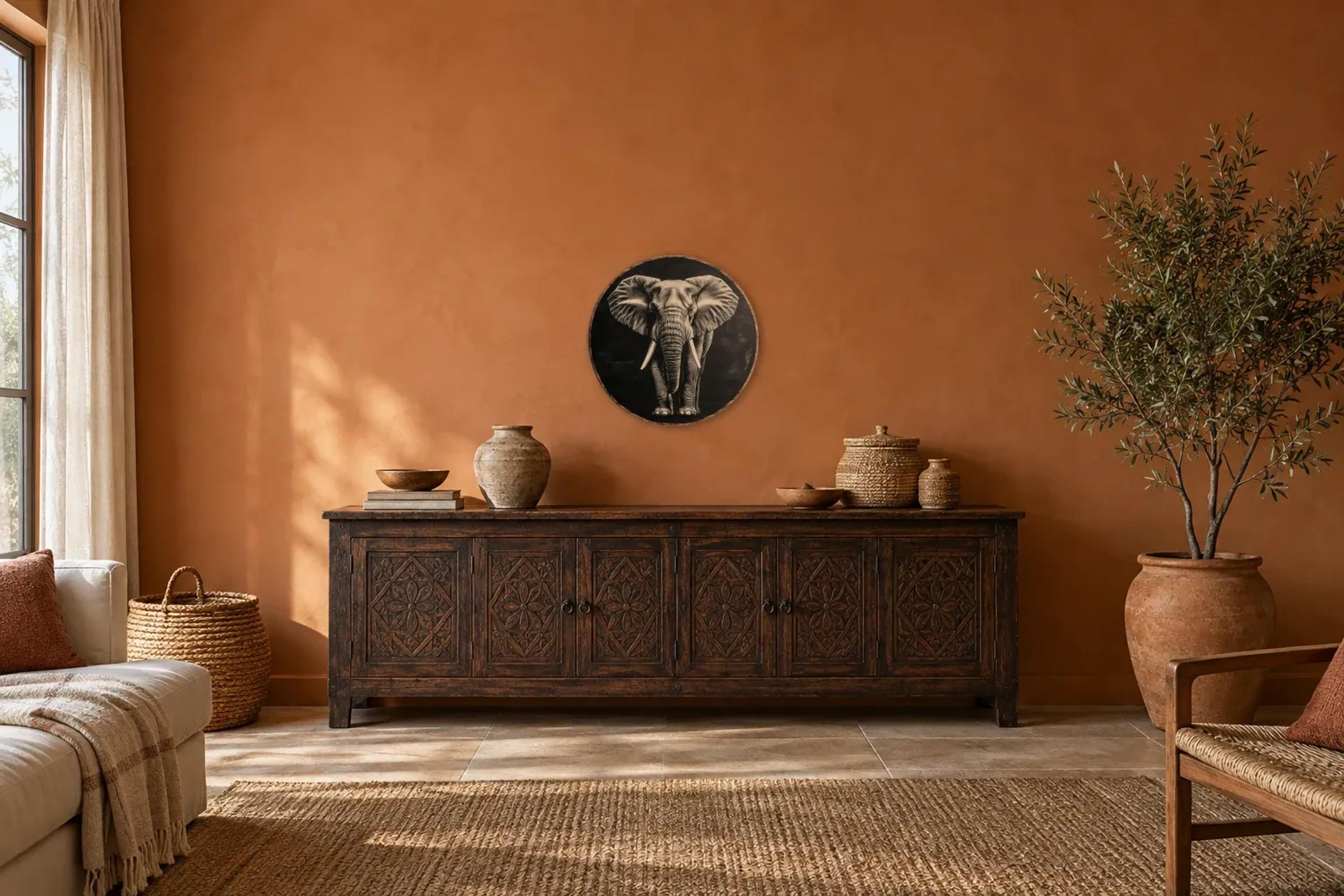 Elefant von vorn als Wandbild über einem 180-cm-Sideboard