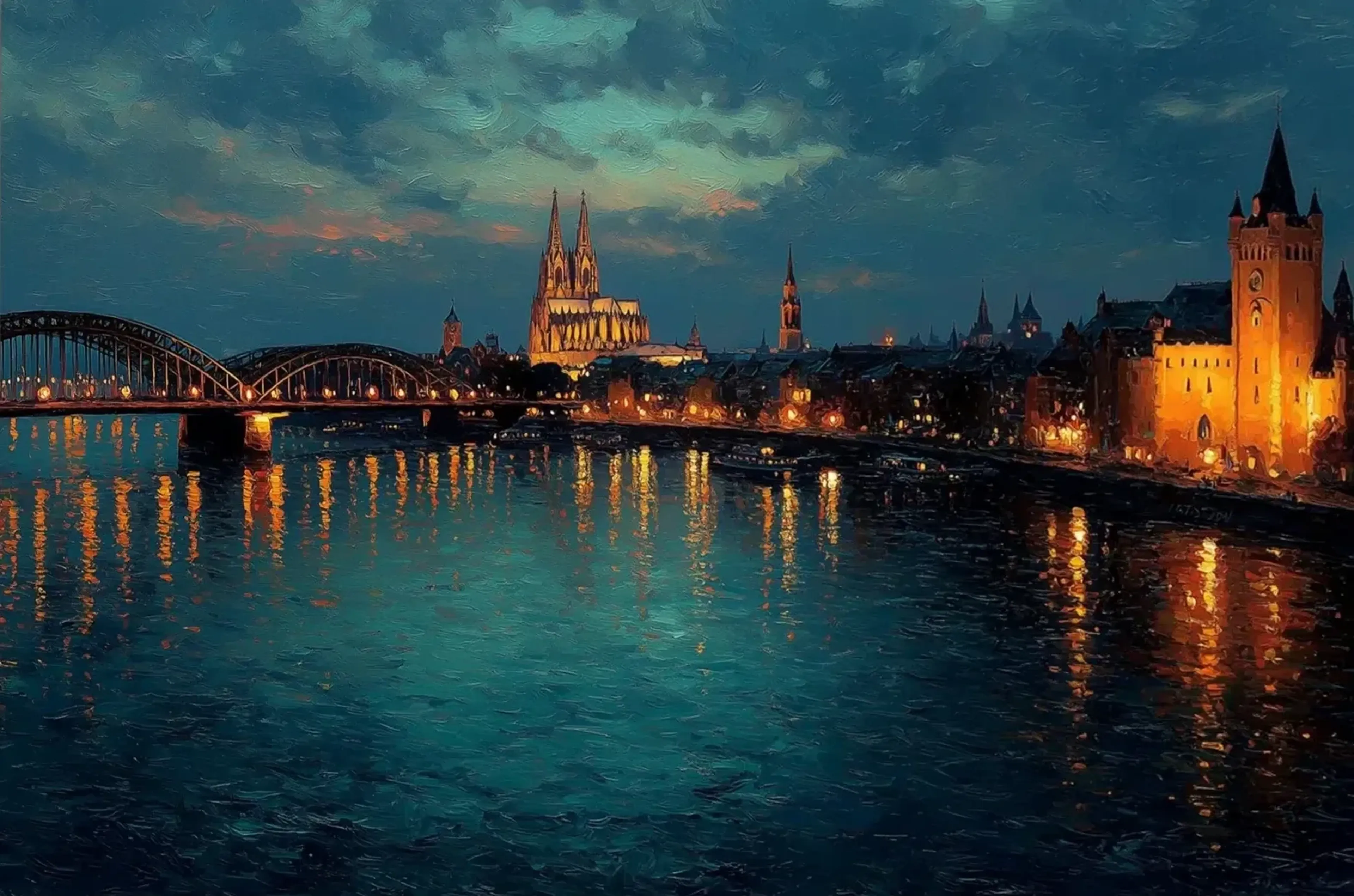 Kölner Ufer mit beleuchtetem Dom, Brücke und Gebäuden unter dunklem Himmel, davor warme Lichtspiegelungen im Rhein.