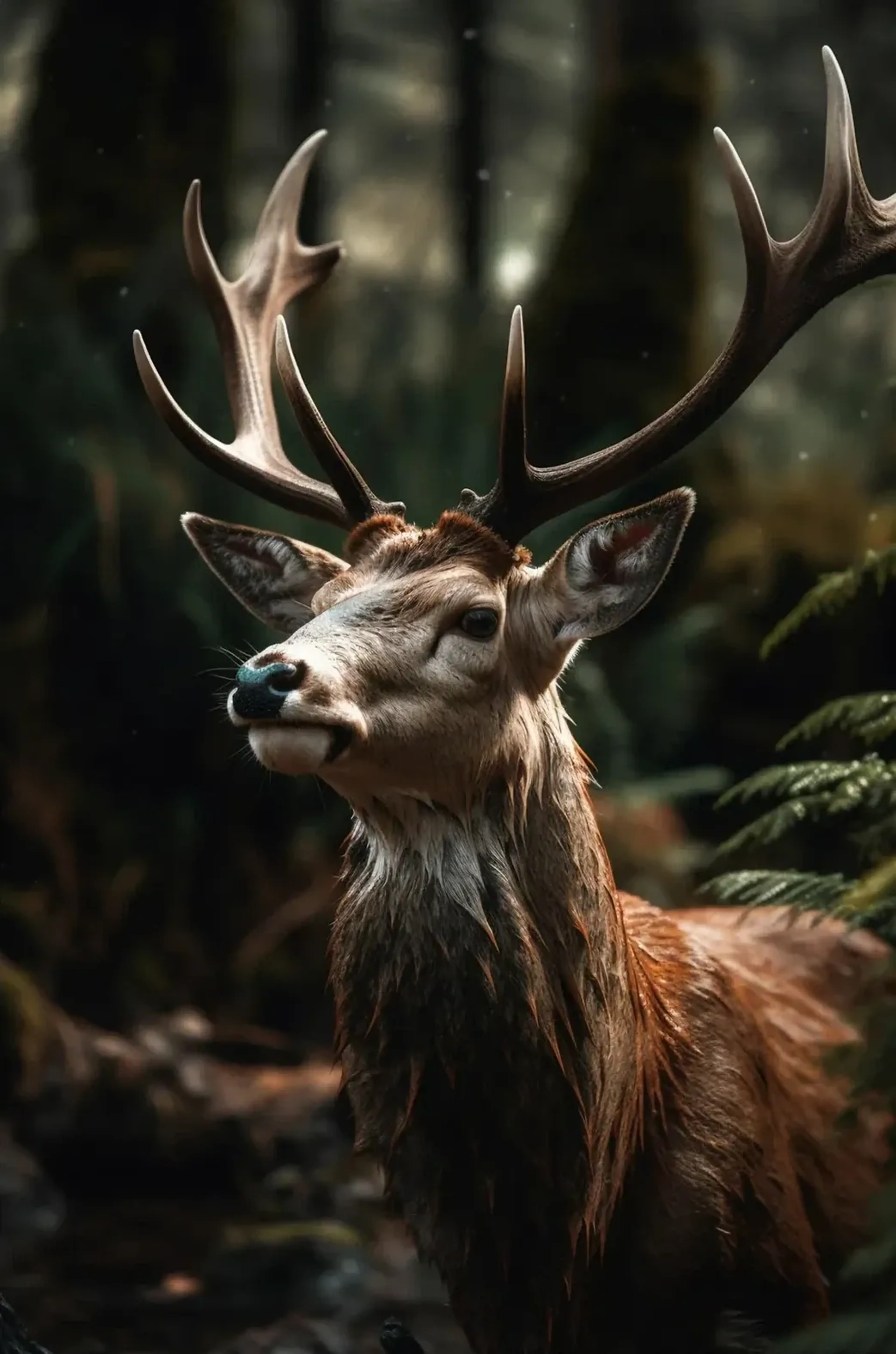 Ein Hirsch mit ausladendem Geweih blickt leicht nach links, umgeben von dunklem Wald und grünen Farnen.
