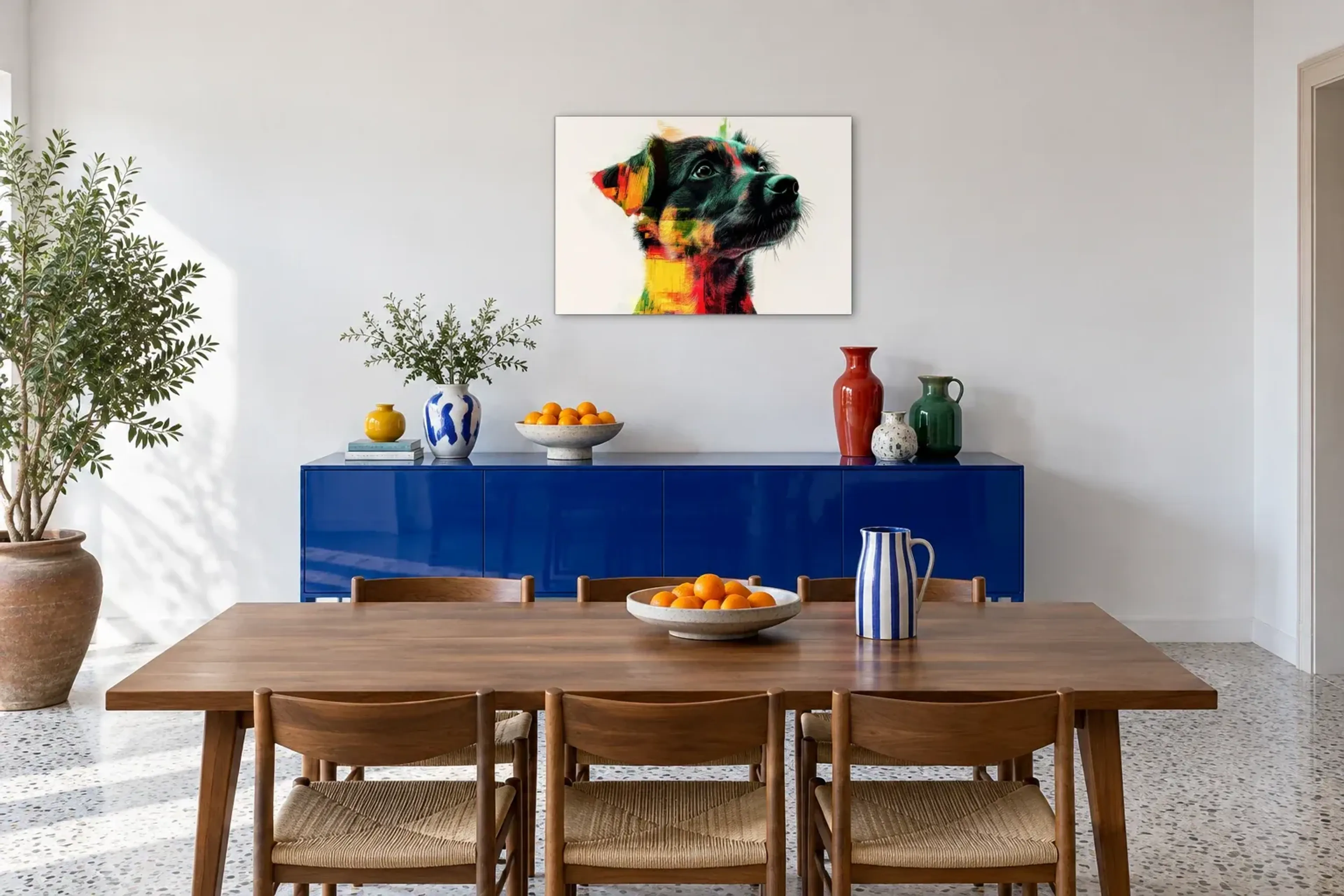 Mischling in Farbe als Wandbild über einem 180-cm-Sideboard