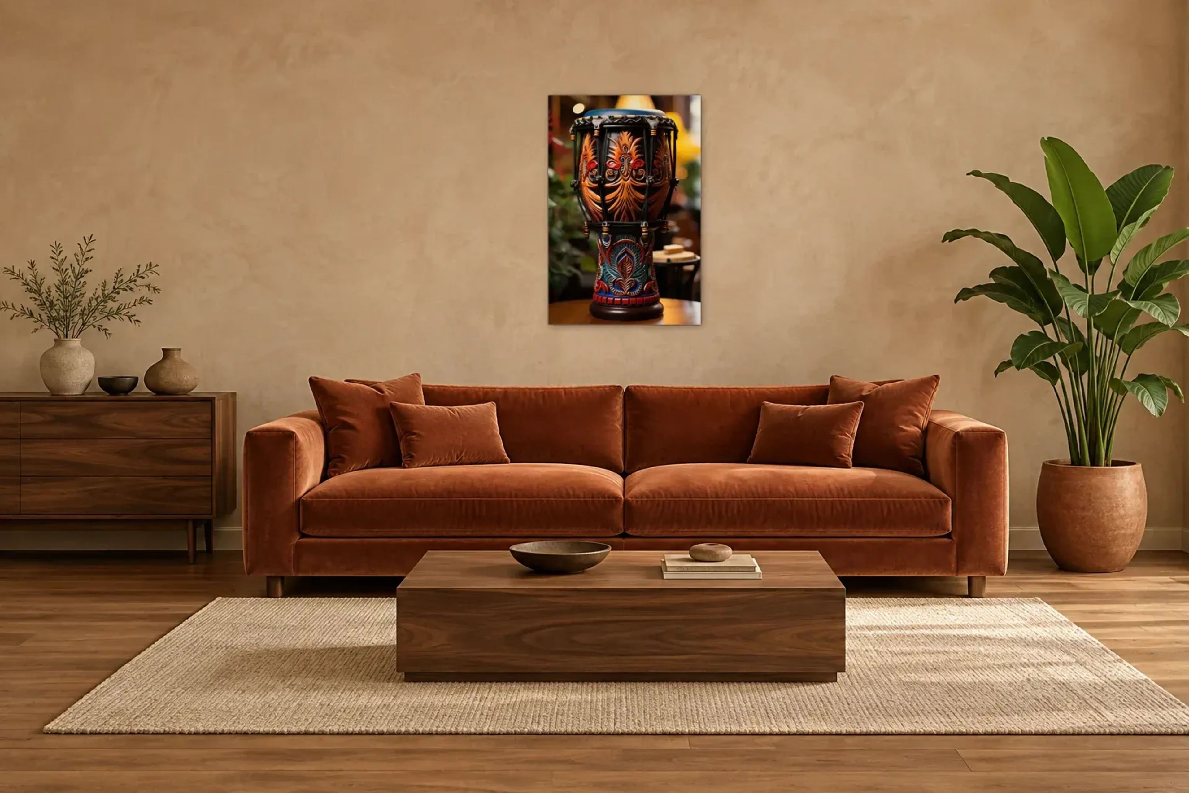 Afrikanische Trommel als Wandbild über einem 220-cm-Sofa