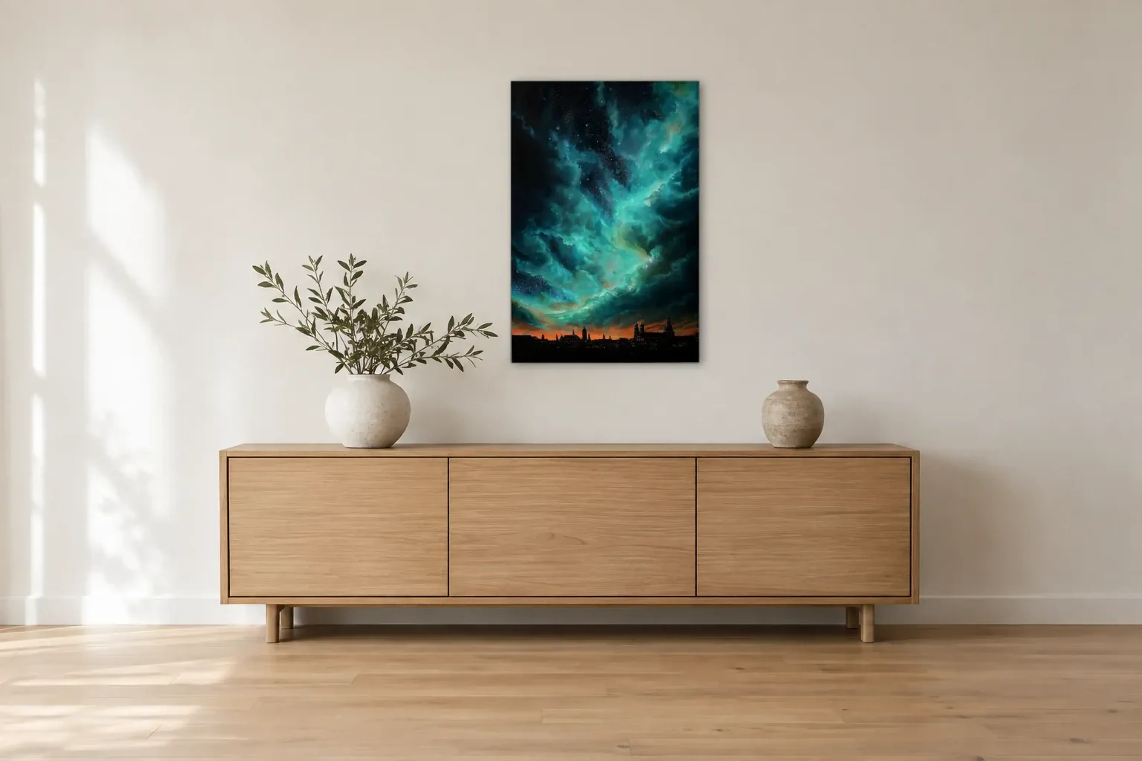 Sternenhimmel über München als Wandbild über einem 180-cm-Sideboard