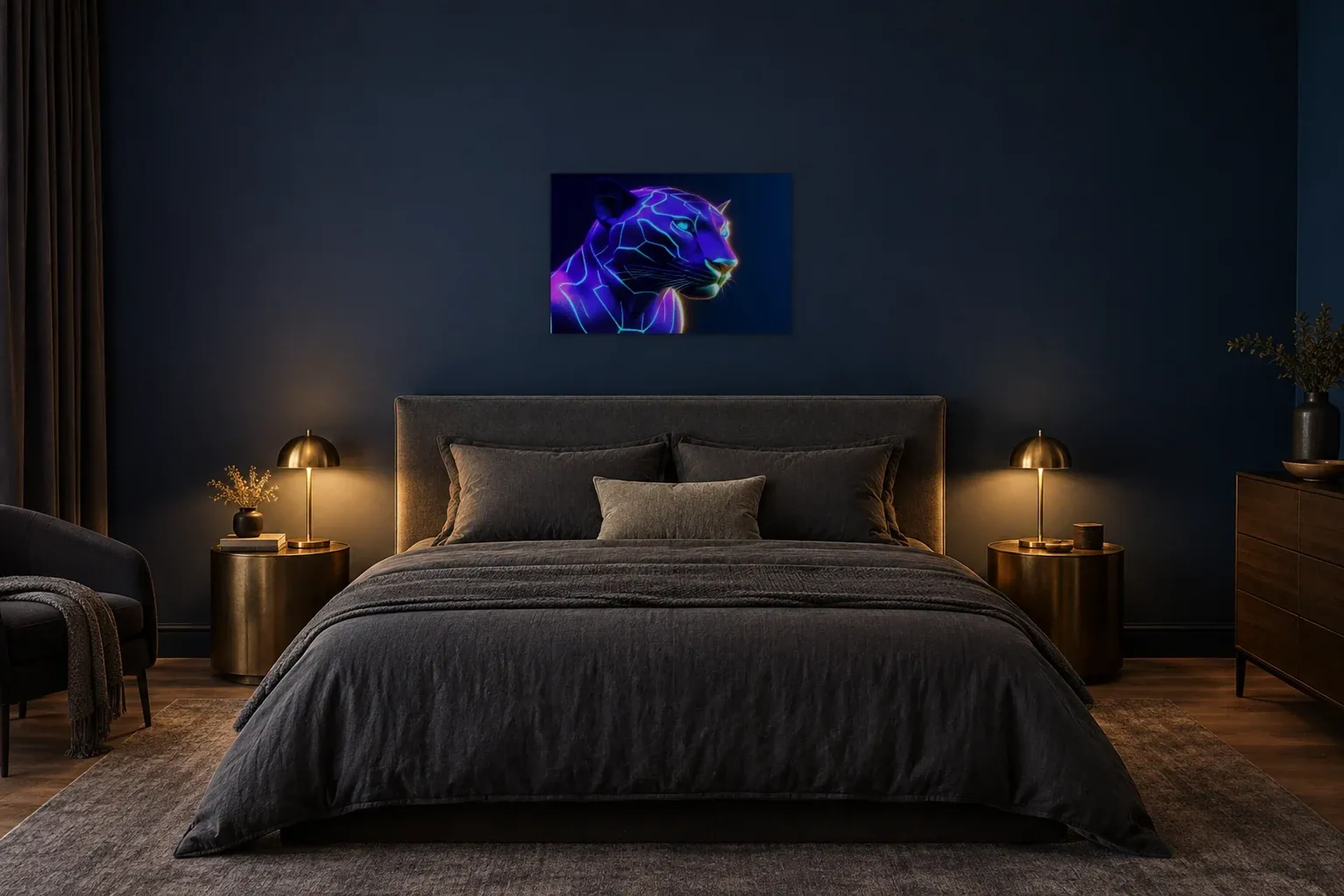 Panther im Neonlicht als Wandbild über einem 180-cm-Bett