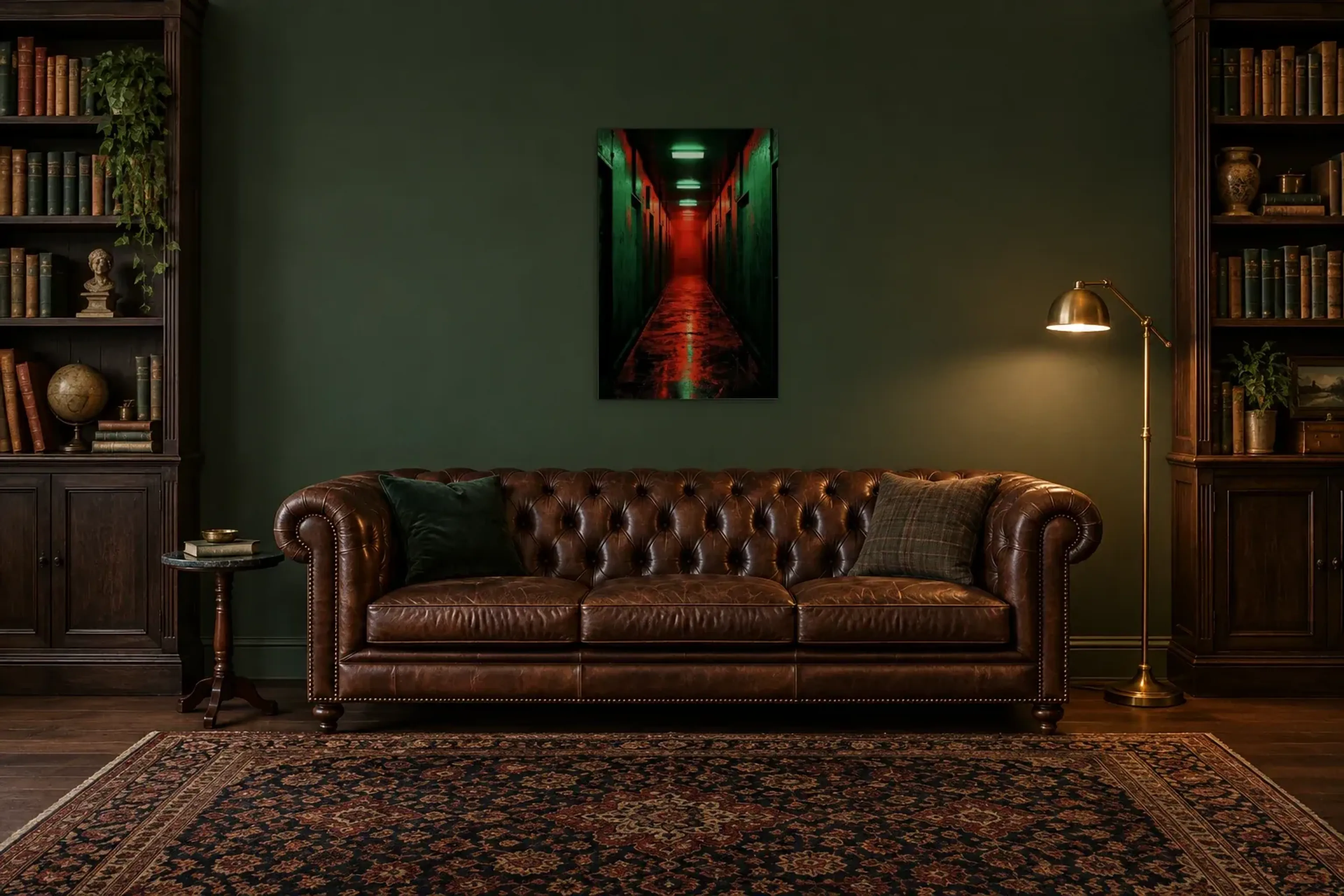 Flur in Rotgrün als Wandbild über einem 200-cm-Chesterfield-Sofa