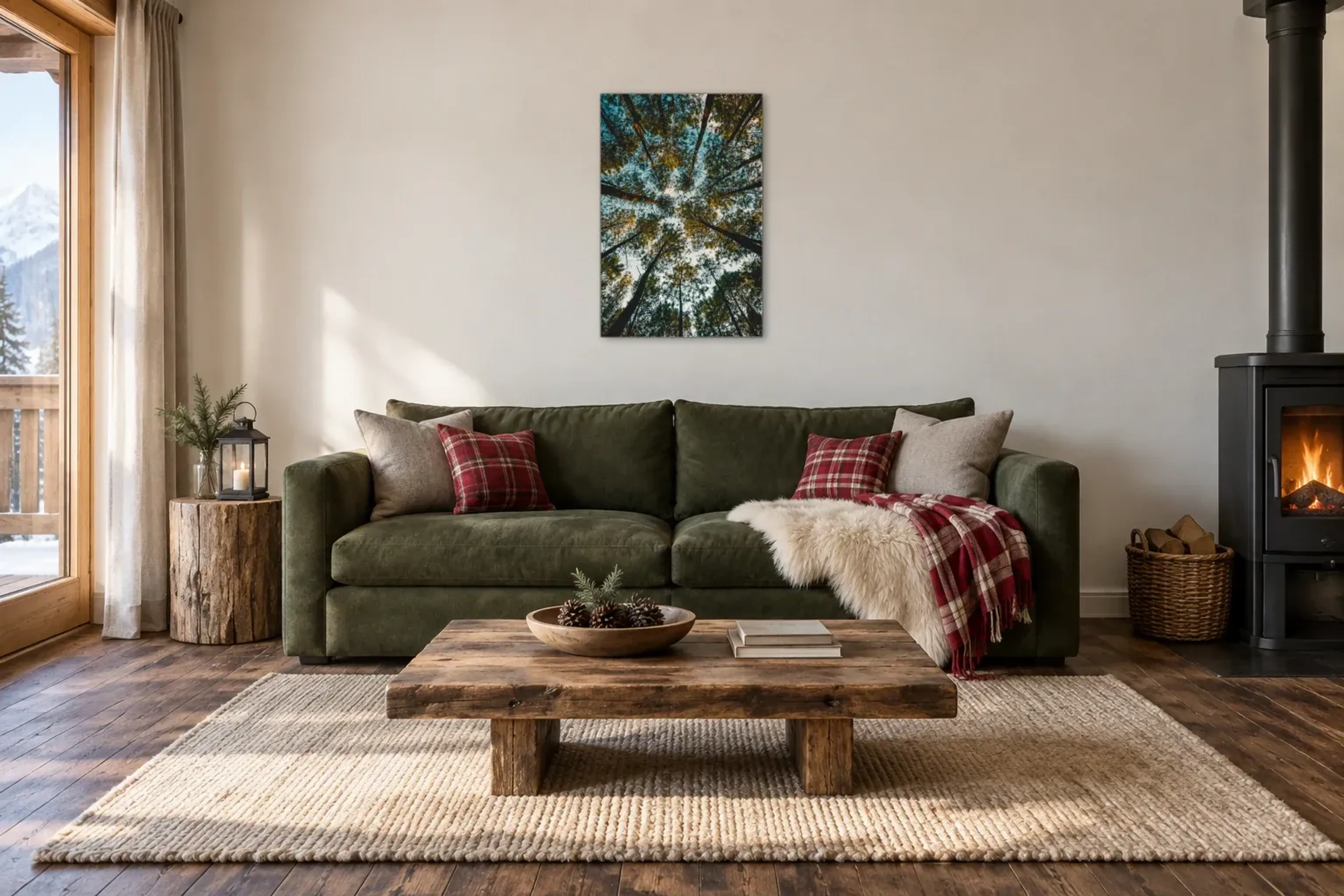 Bäume von unten als Wandbild über einem 220-cm-Sofa