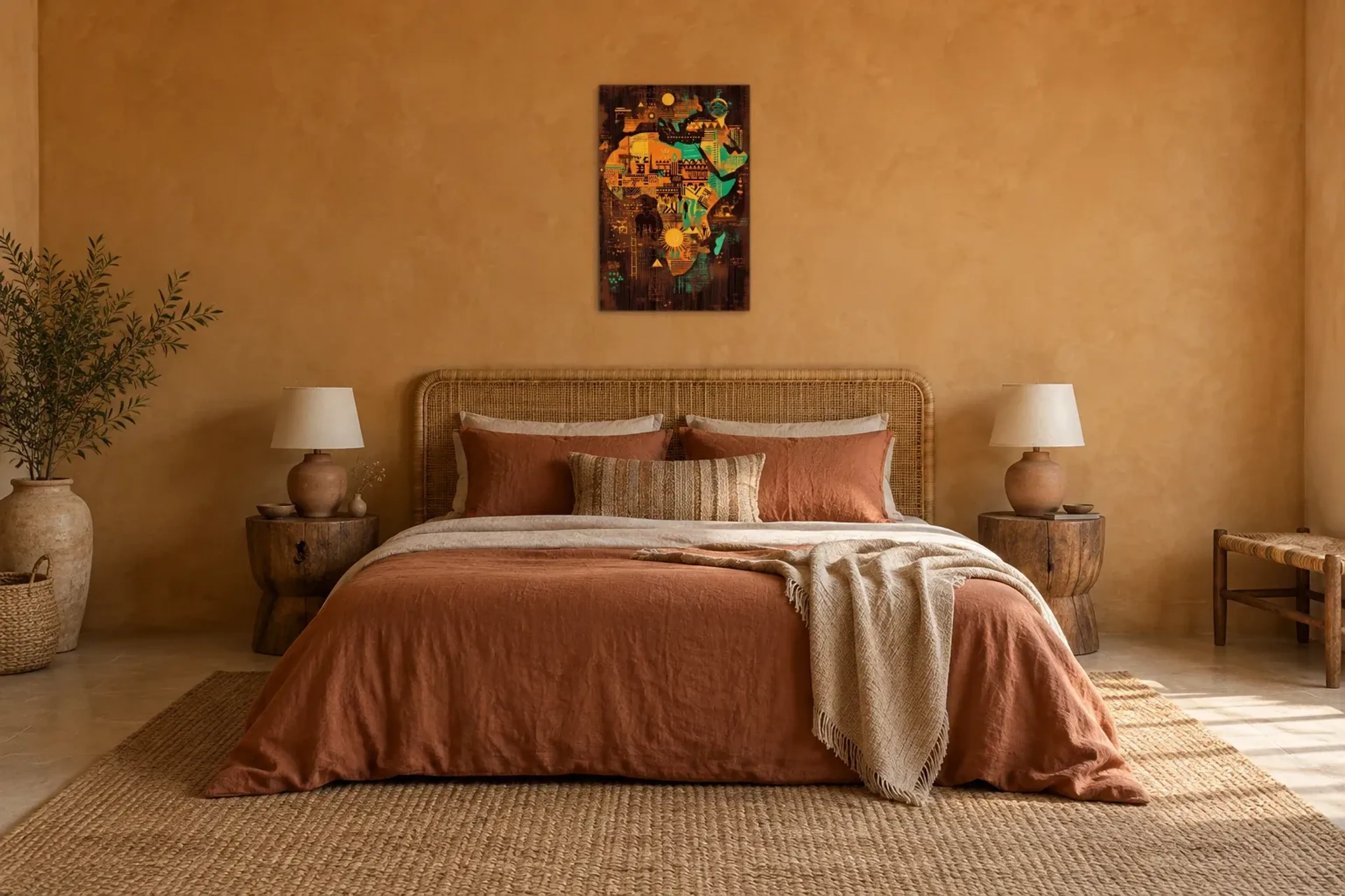 Afrika in Mustern als Wandbild über einem 180-cm-Bett