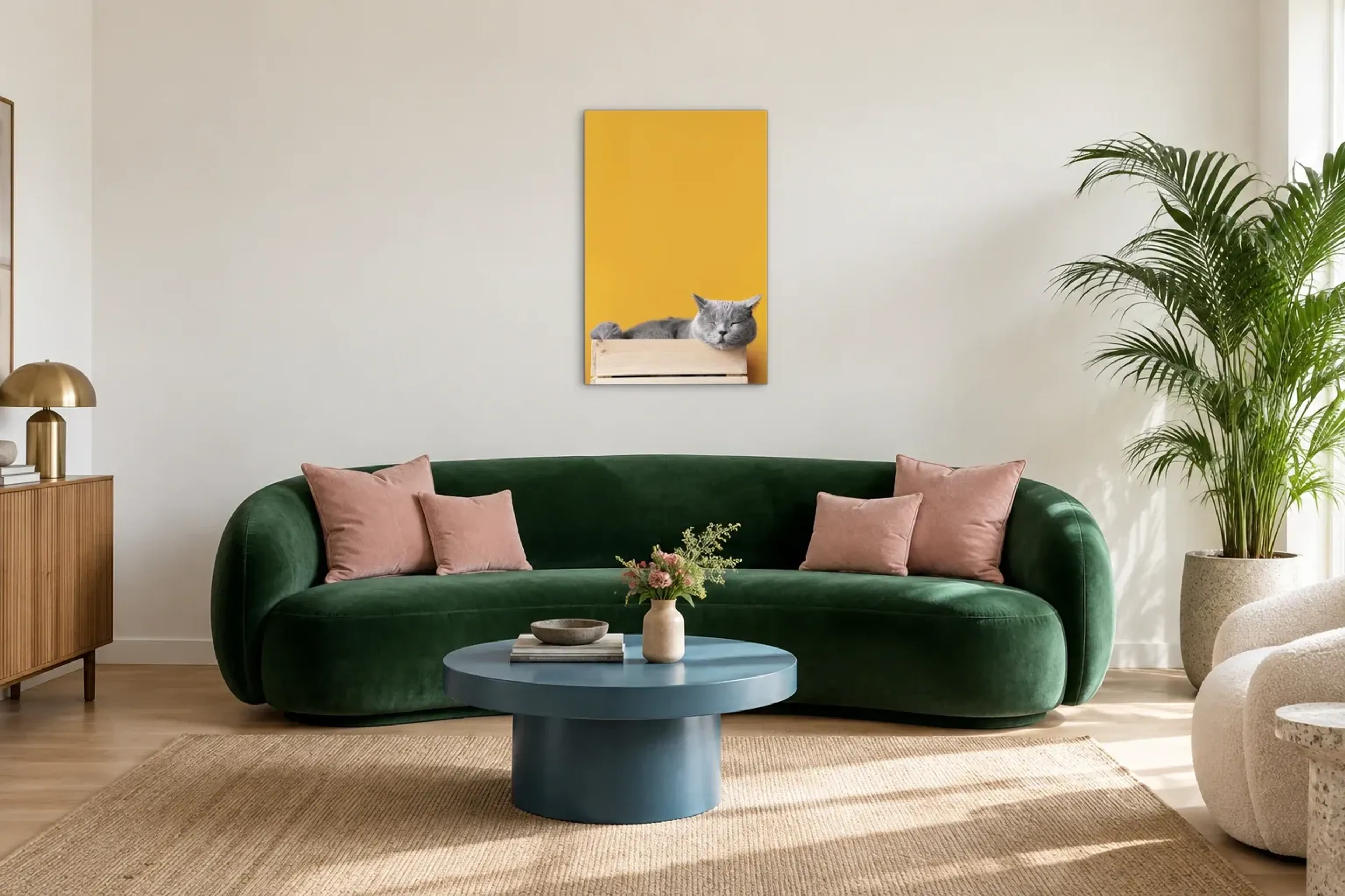 Schlafende graue Katze als Wandbild über einem 220-cm-Sofa
