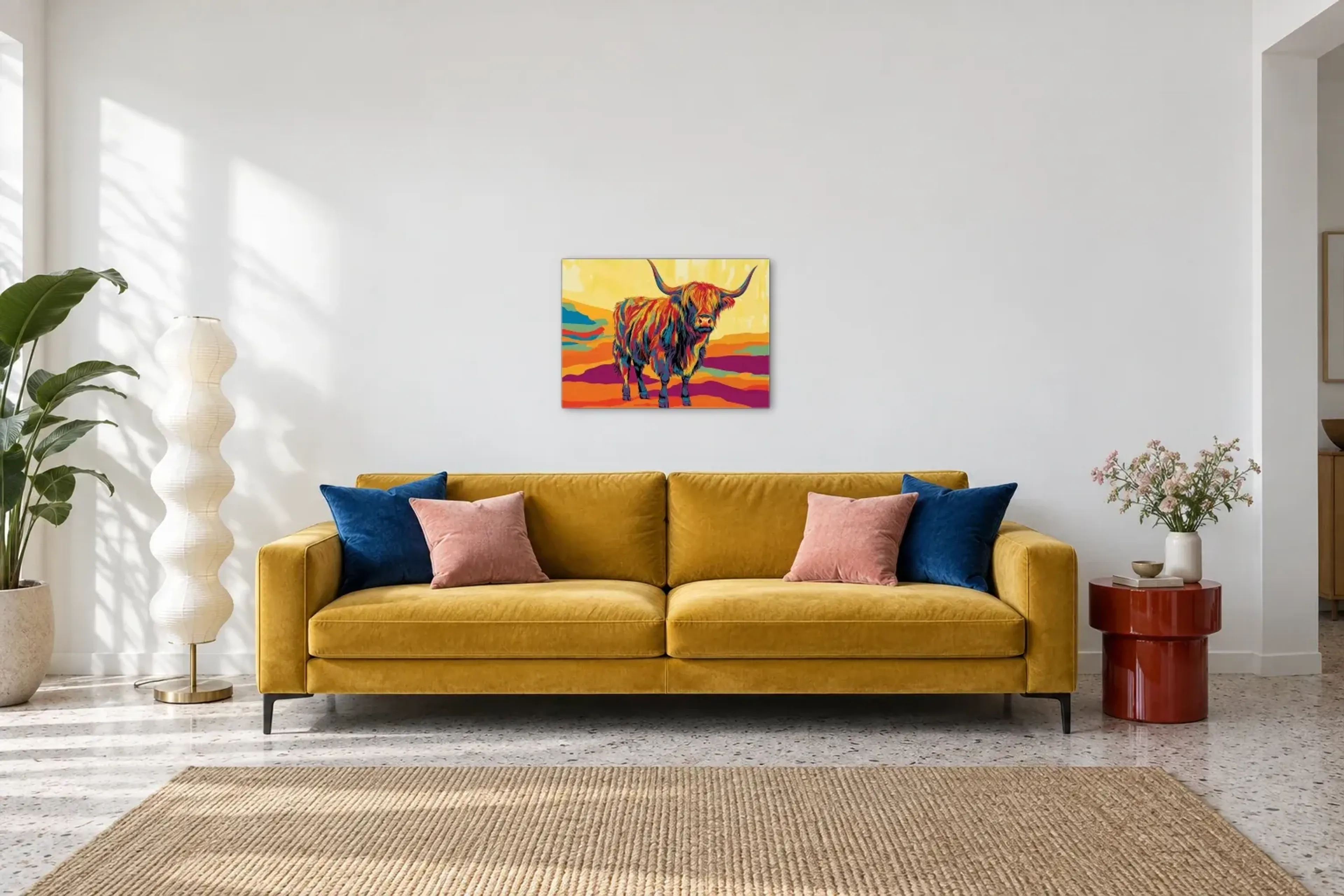 Hochlandrind im Farbspiel als Wandbild über einem 220-cm-Sofa