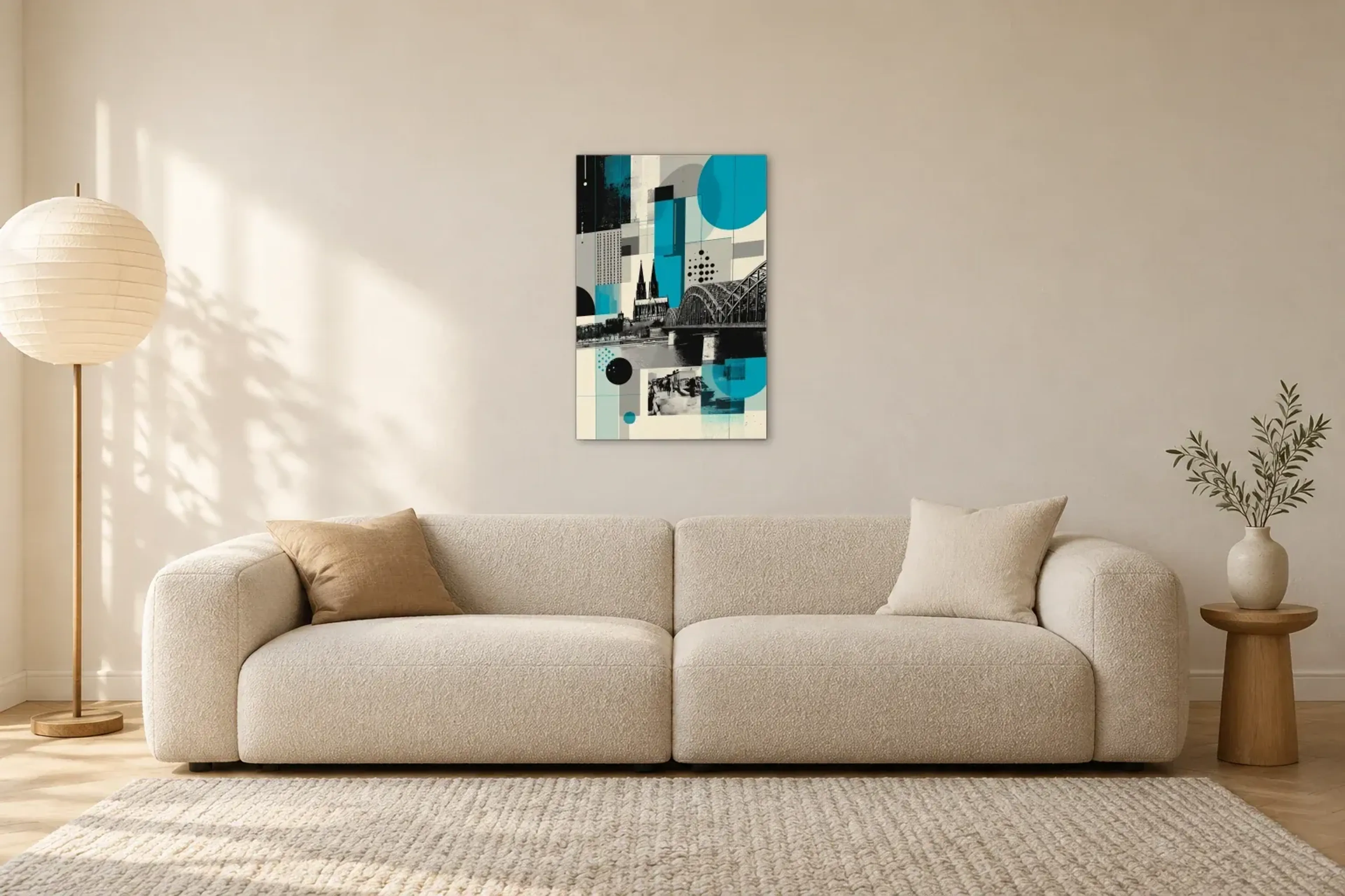 Köln in Form und Farbe als Wandbild über einem 230-cm-Sofa