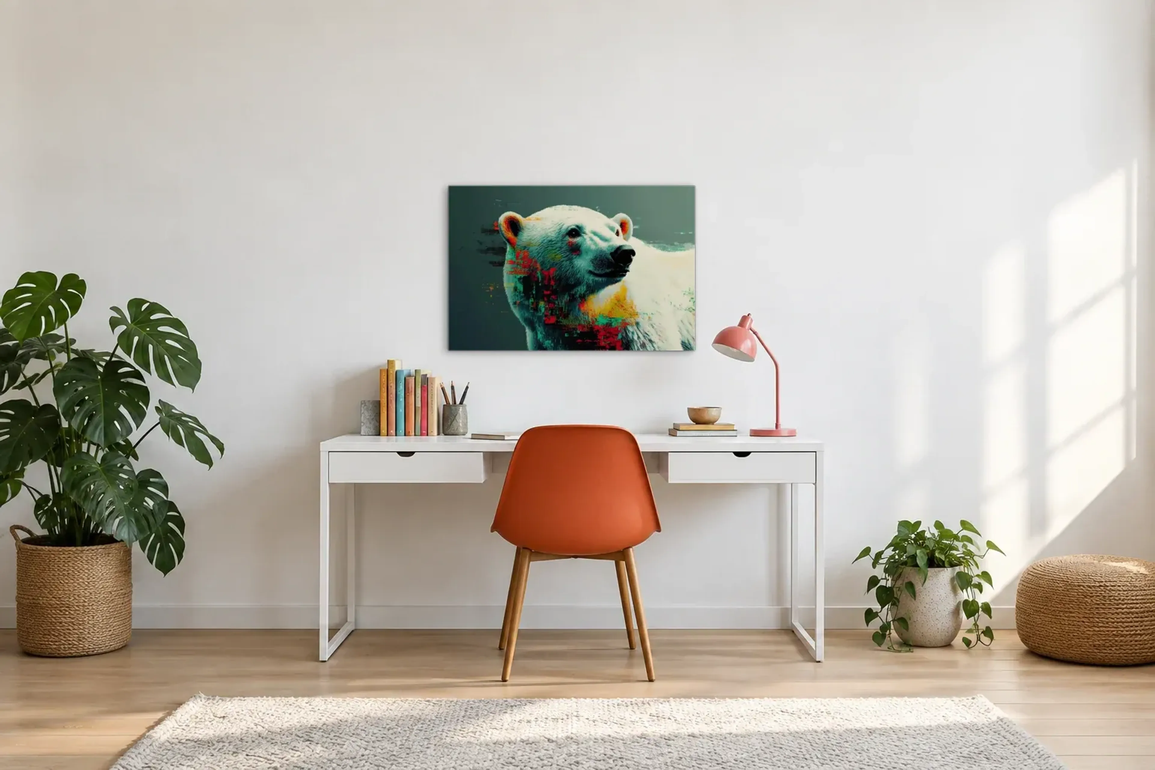 Eisbär mit sanftem Blick als Wandbild über einem 140-cm-Schreibtisch