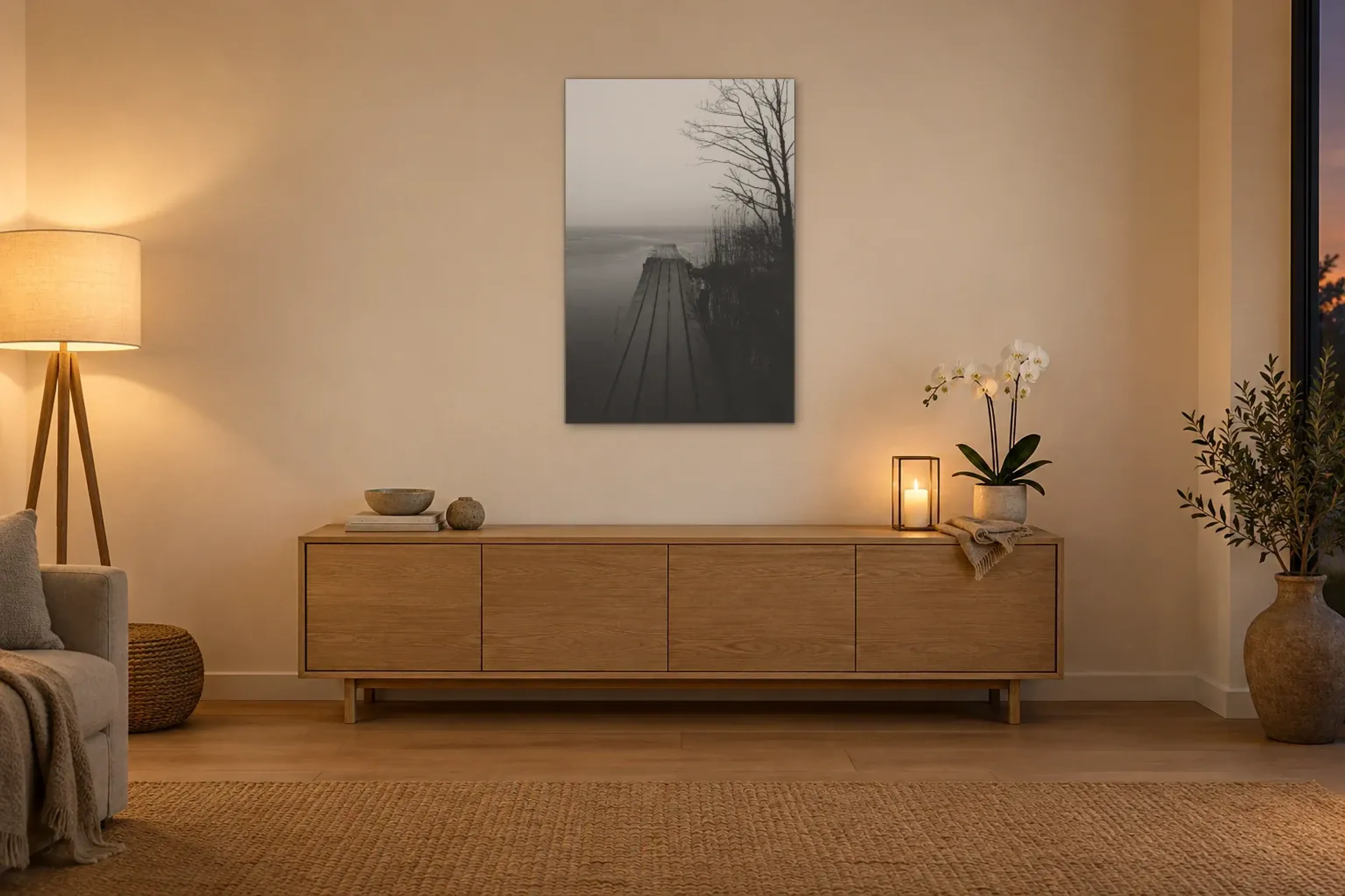 Steg in Schwarz-Weiß als Wandbild über einem 160-cm-Sideboard