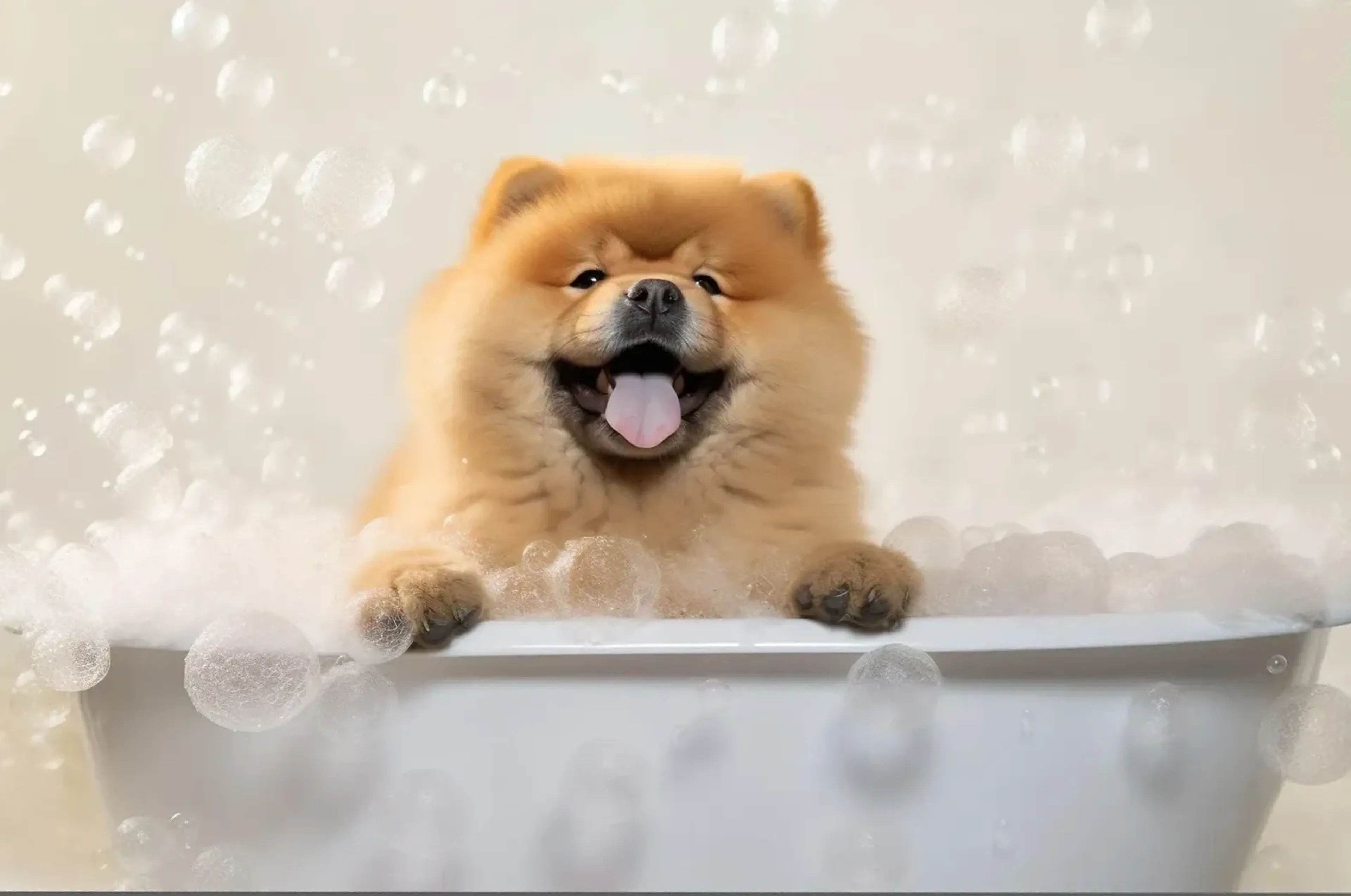 Ein goldbrauner Chow Chow mit heraushängender Zunge stützt die Pfoten auf den Wannenrand, umgeben von Schaum.