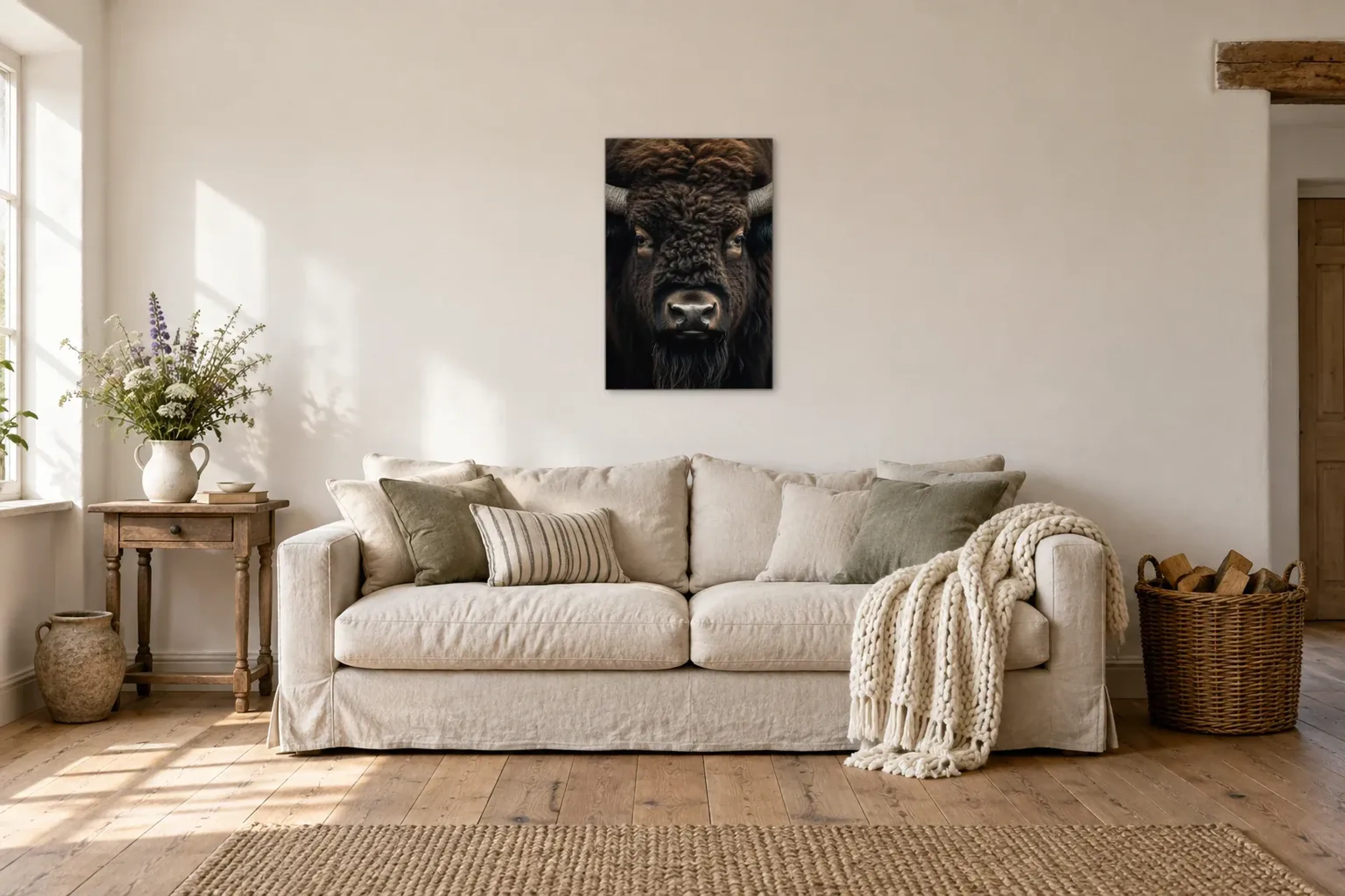 Rind Portrait als Wandbild über einem 220-cm-Sofa