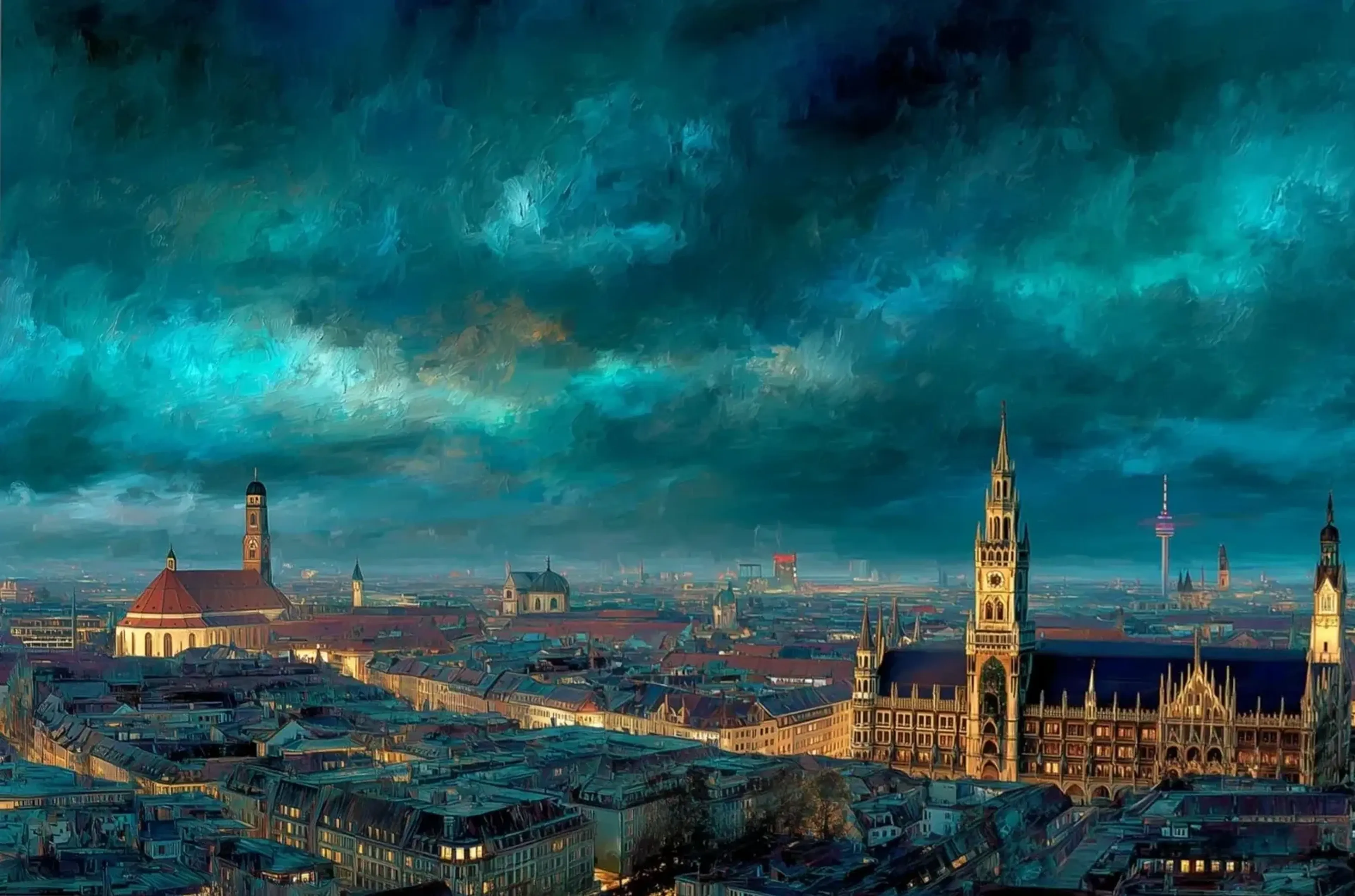München unter türkisfarbenen Wolken – Motiv als Wandbild auf Holz