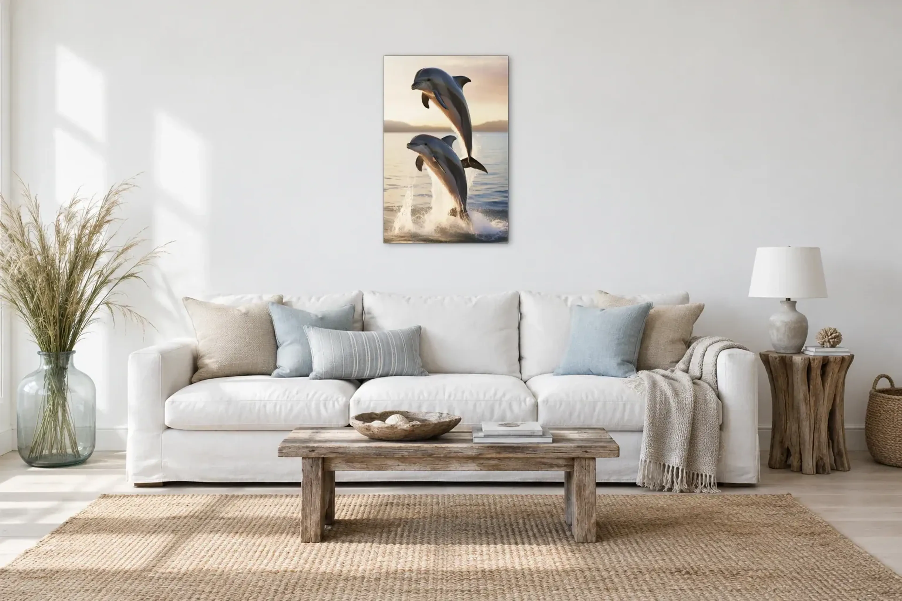 Delfine im Abendlicht als Wandbild über einem 220-cm-Sofa