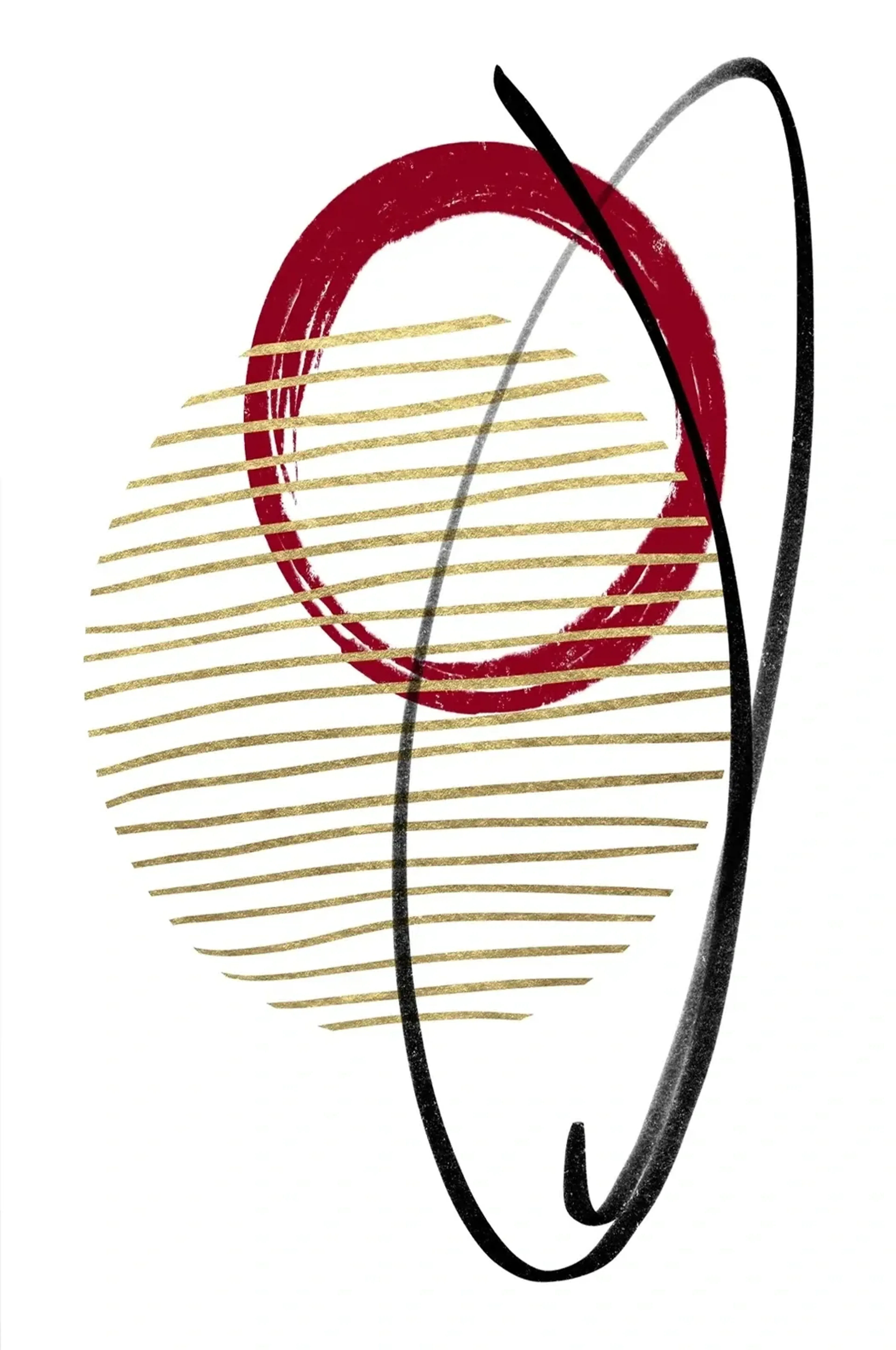 Roter Pinselring, goldfarbene Querlinien und lange schwarze sowie graue Schlaufen auf weißem Hintergrund.