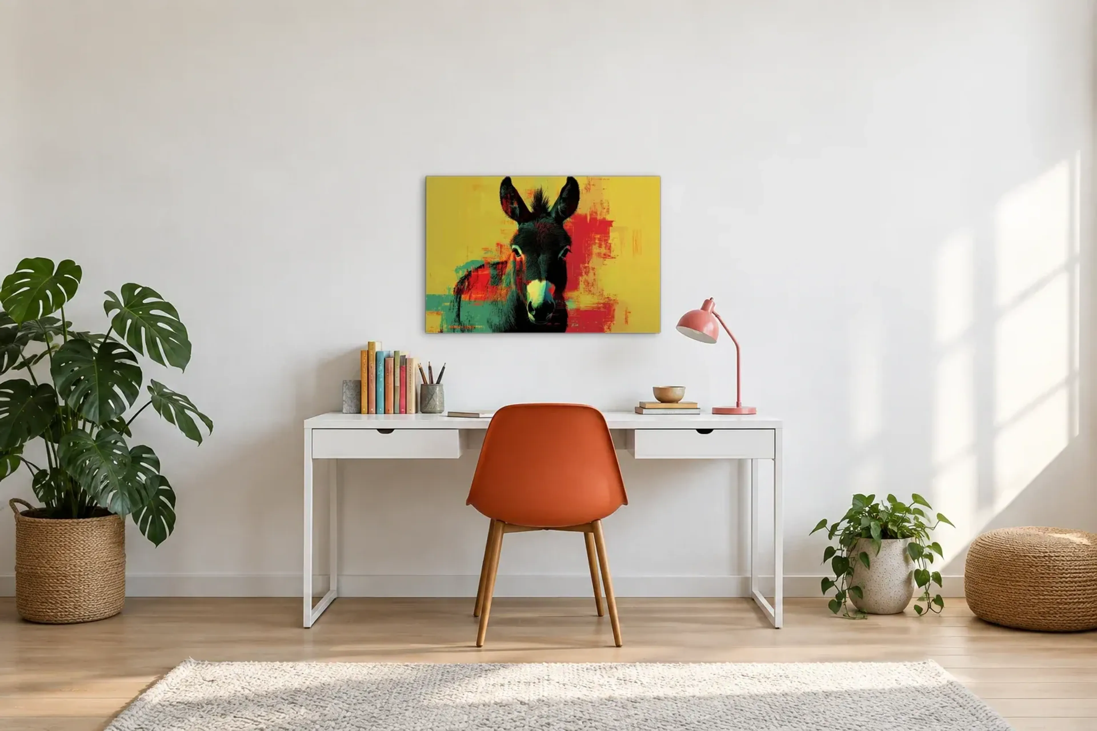 Esel vor Gelb als Wandbild über einem 140-cm-Schreibtisch