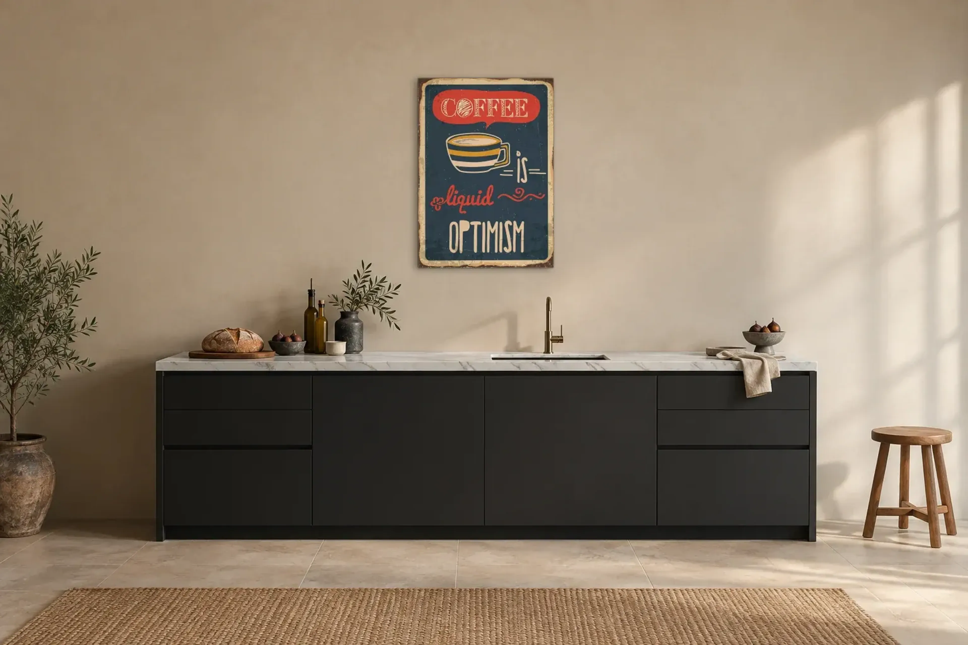 Kaffee und Optimismus als Wandbild über einer 200-cm-Arbeitsplatte