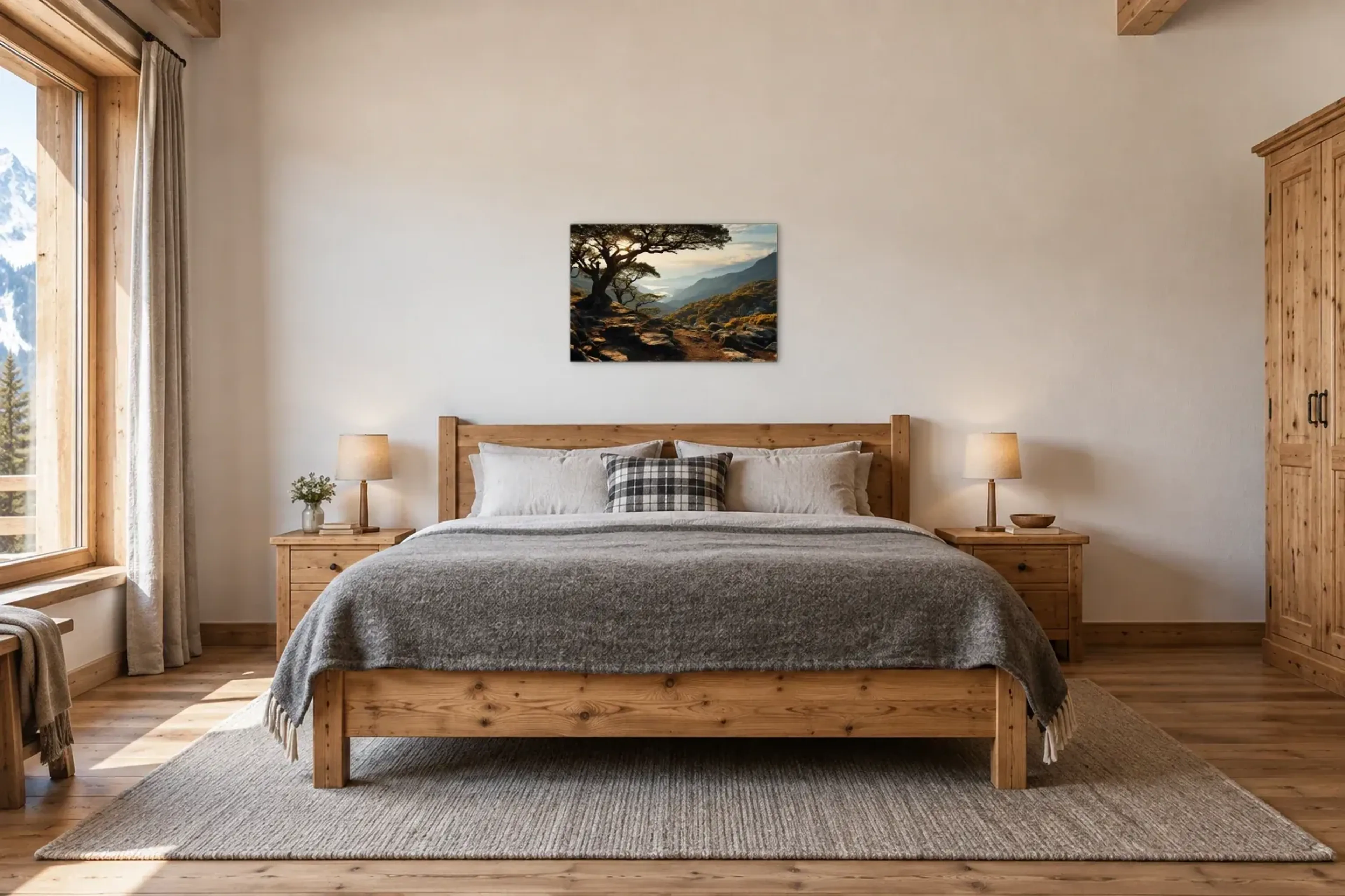 Ausblick ins Tal als Wandbild über einem 180-cm-Bett