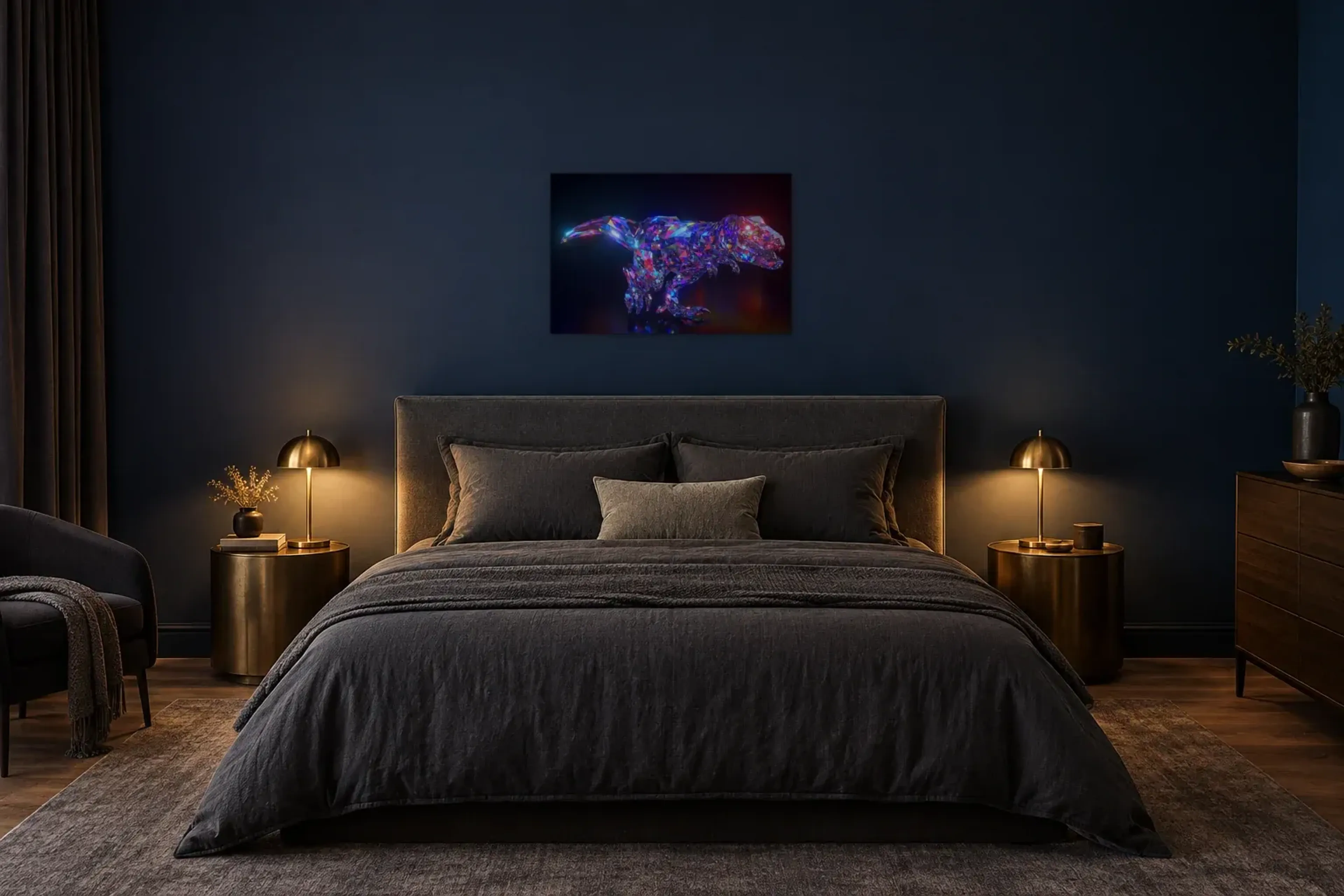 Dinosaurier in Lichtfacetten als Wandbild über einem 180-cm-Bett