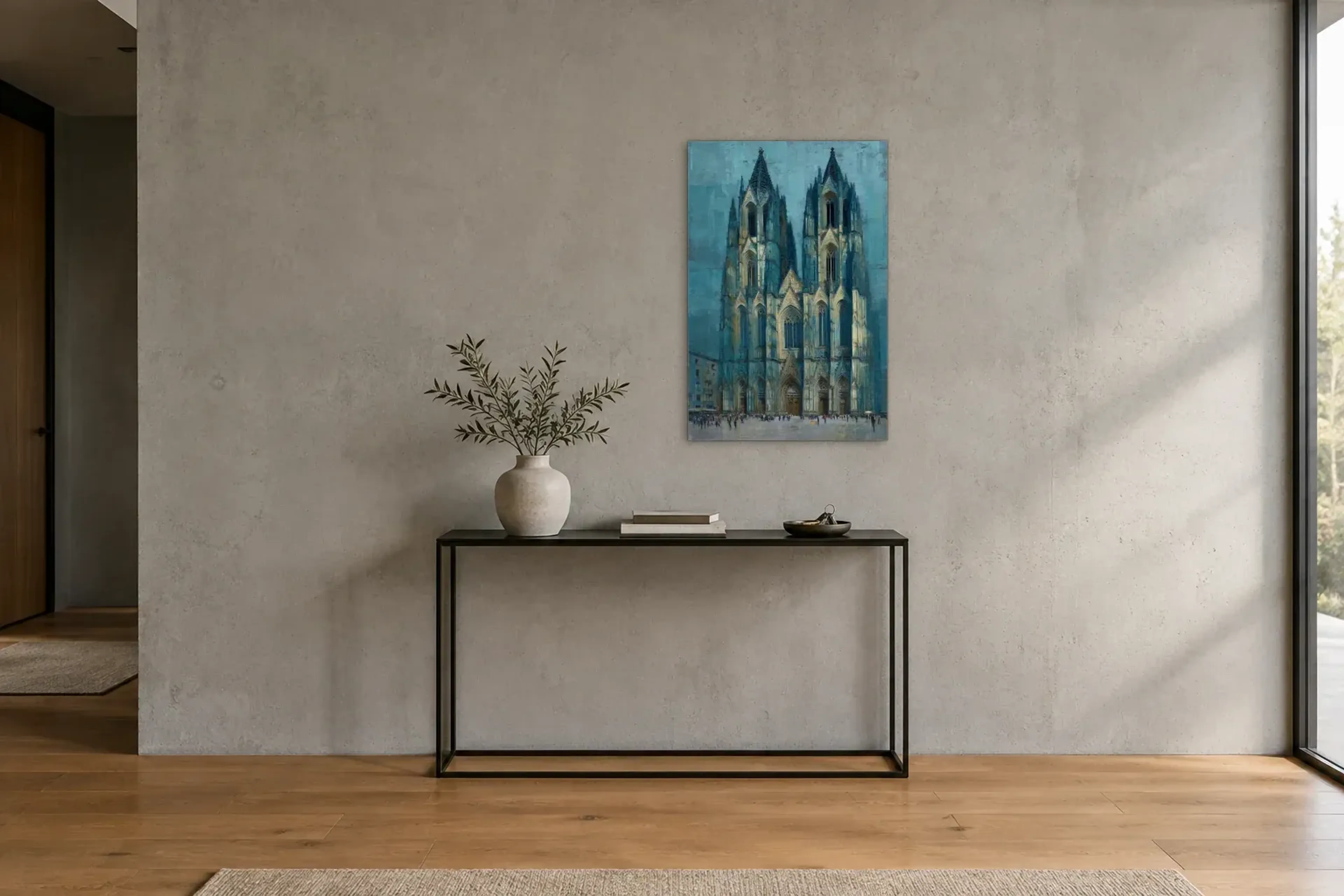 Domfassade in sanftem Blau als Wandbild über einer 120-cm-Konsole