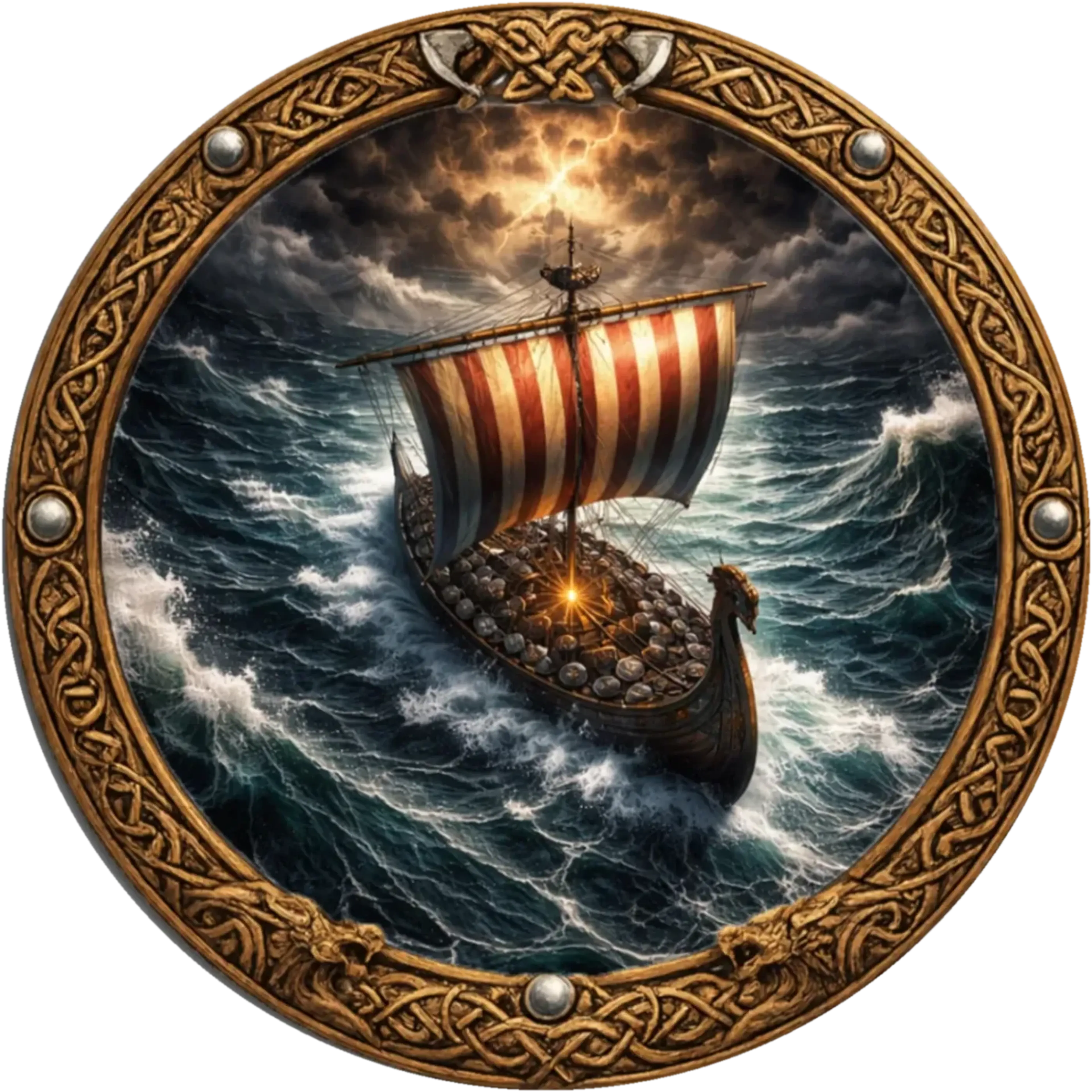 Langschiff mit rot-cremefarbenem Streifensegel auf stürmischer See unter dunklen Gewitterwolken.