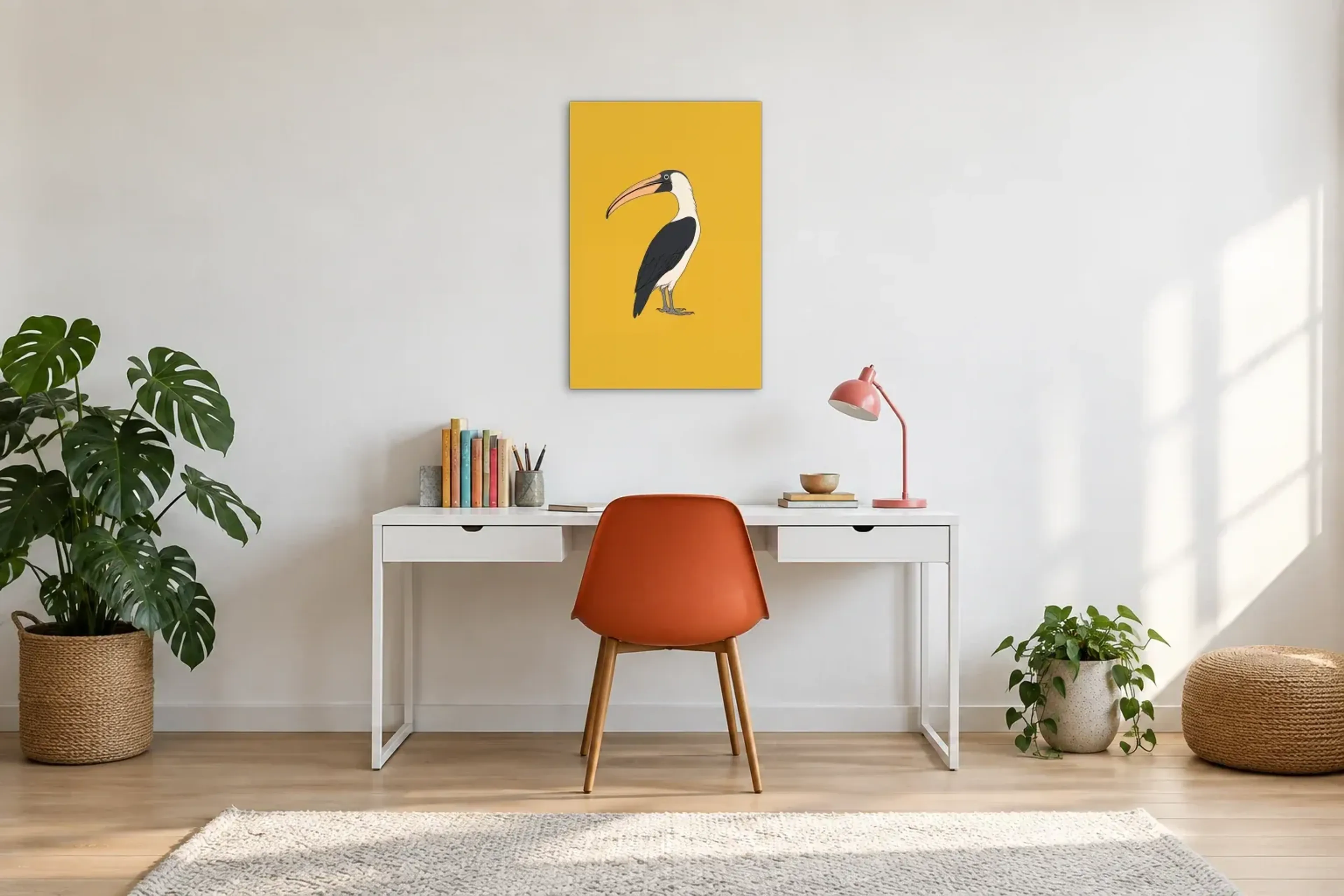Vogel auf Gelb als Wandbild über einem 140-cm-Schreibtisch