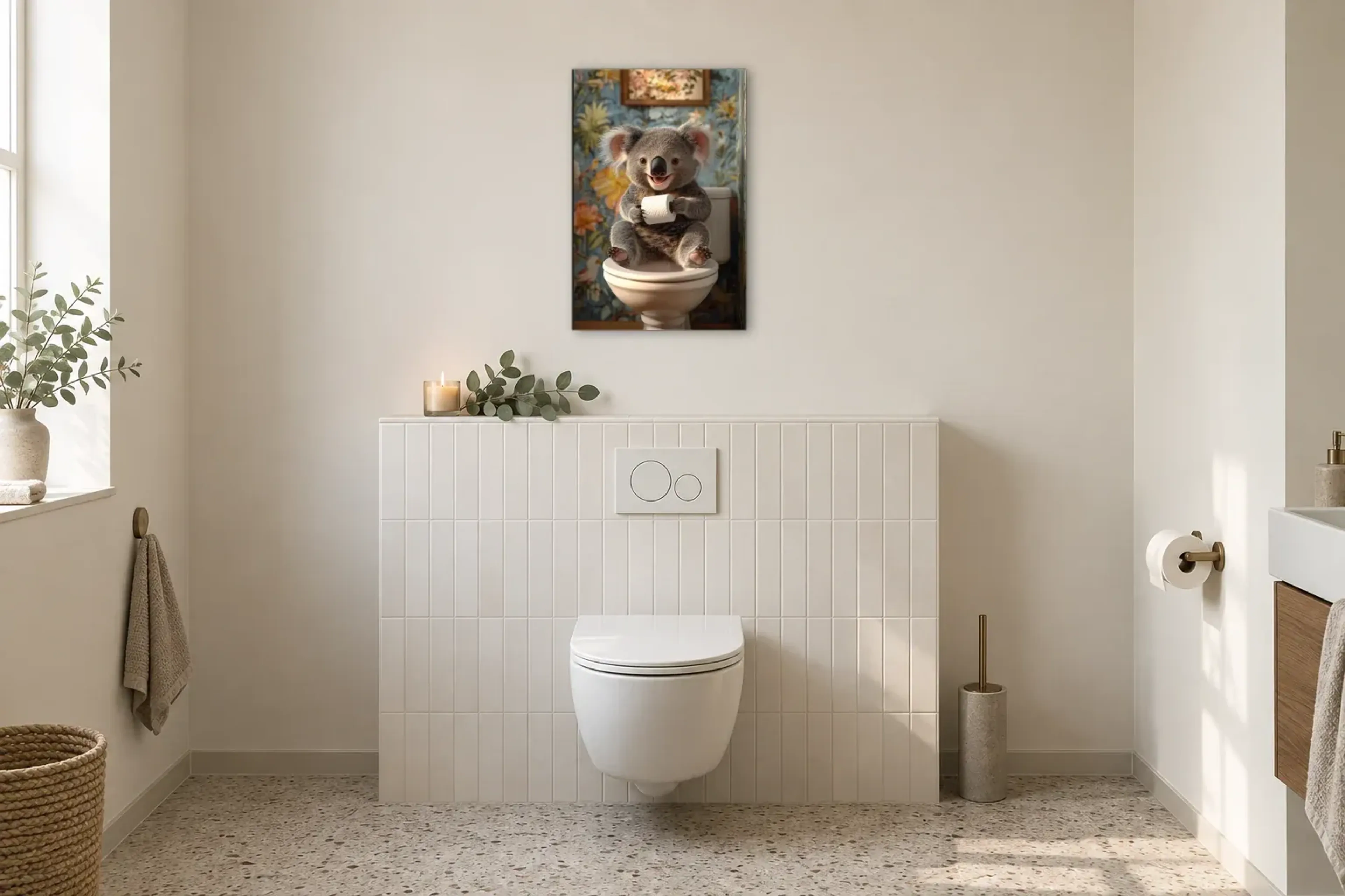 Koala vor Blumentapete als Wandbild im Gäste-WC