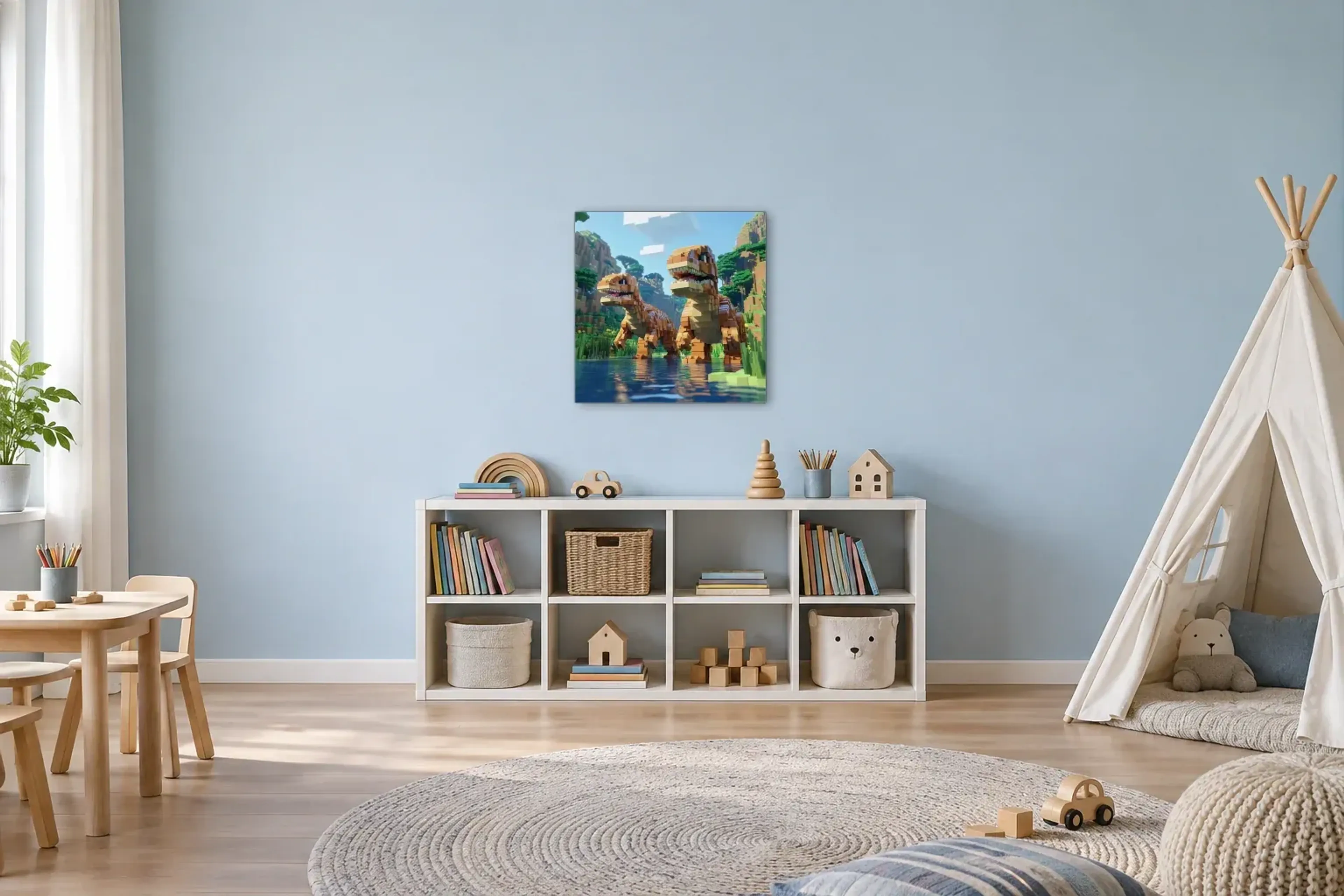 Blockdinos am Fluss als Wandbild über einem 120-cm-Spielregal