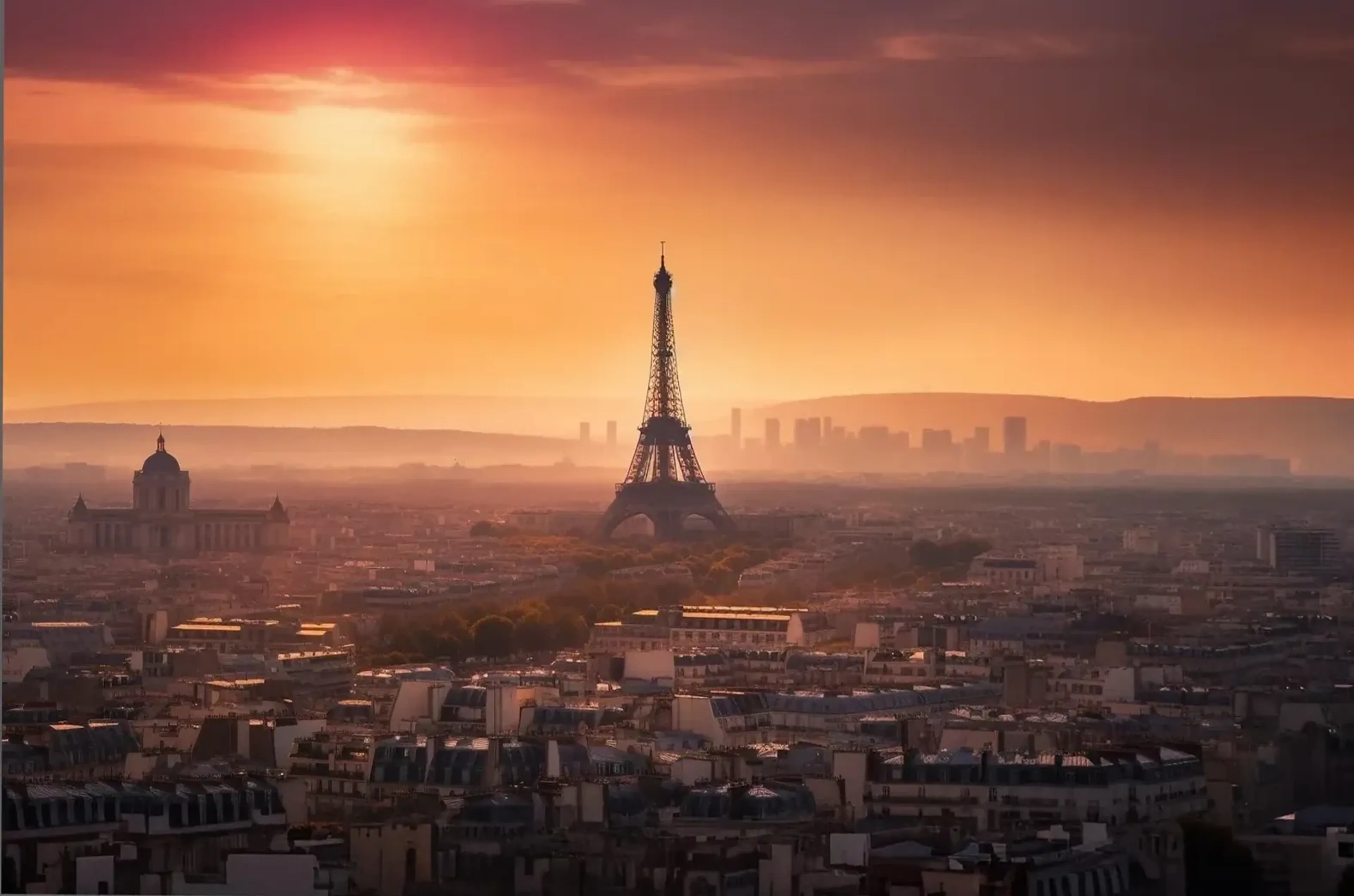 Der Eiffelturm ragt über die Dächer von Paris vor einem orangefarbenen Himmel mit leuchtenden Wolken.