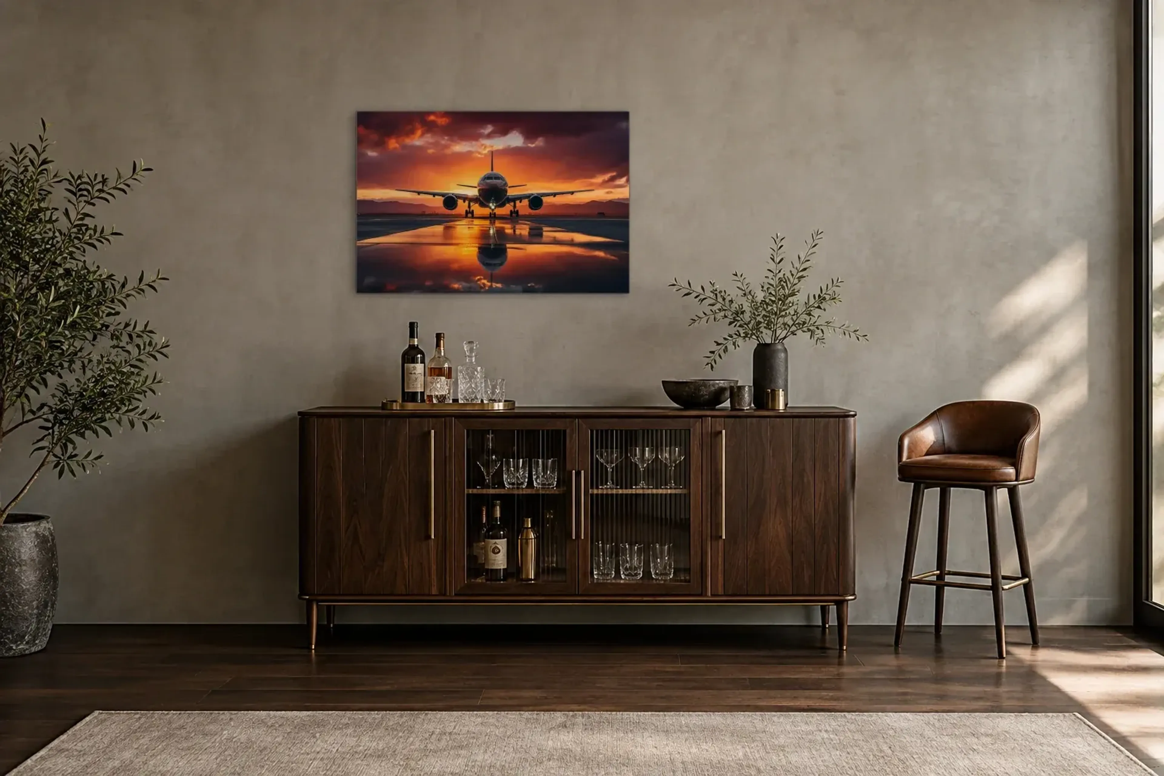 Flugzeug im Sonnenuntergang als Wandbild über einem 150-cm-Barschrank