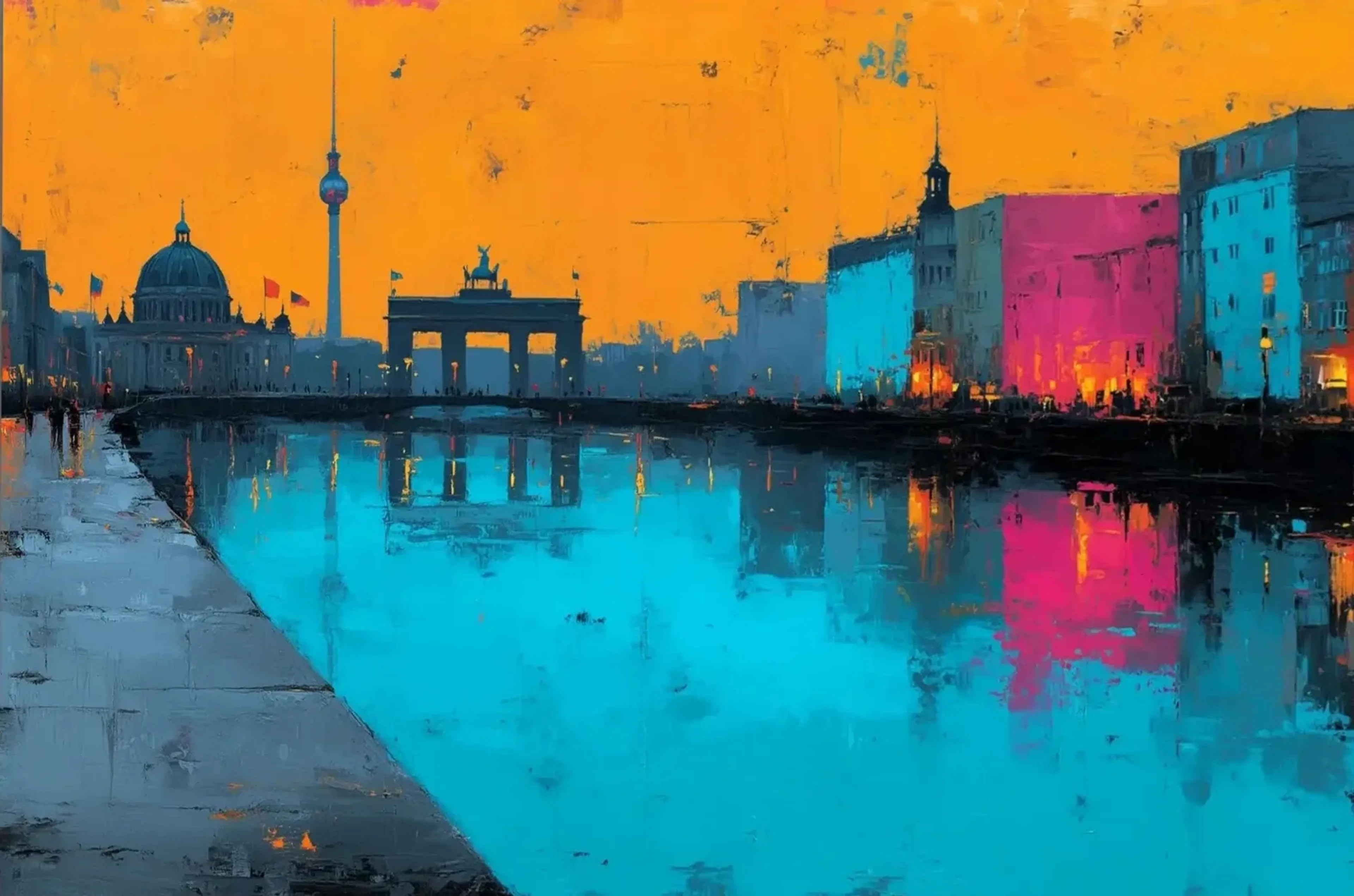 Berliner Bauwerke vor orangefarbenem Himmel mit türkisem Wasser und pinkfarbenen Fassaden am Ufer.