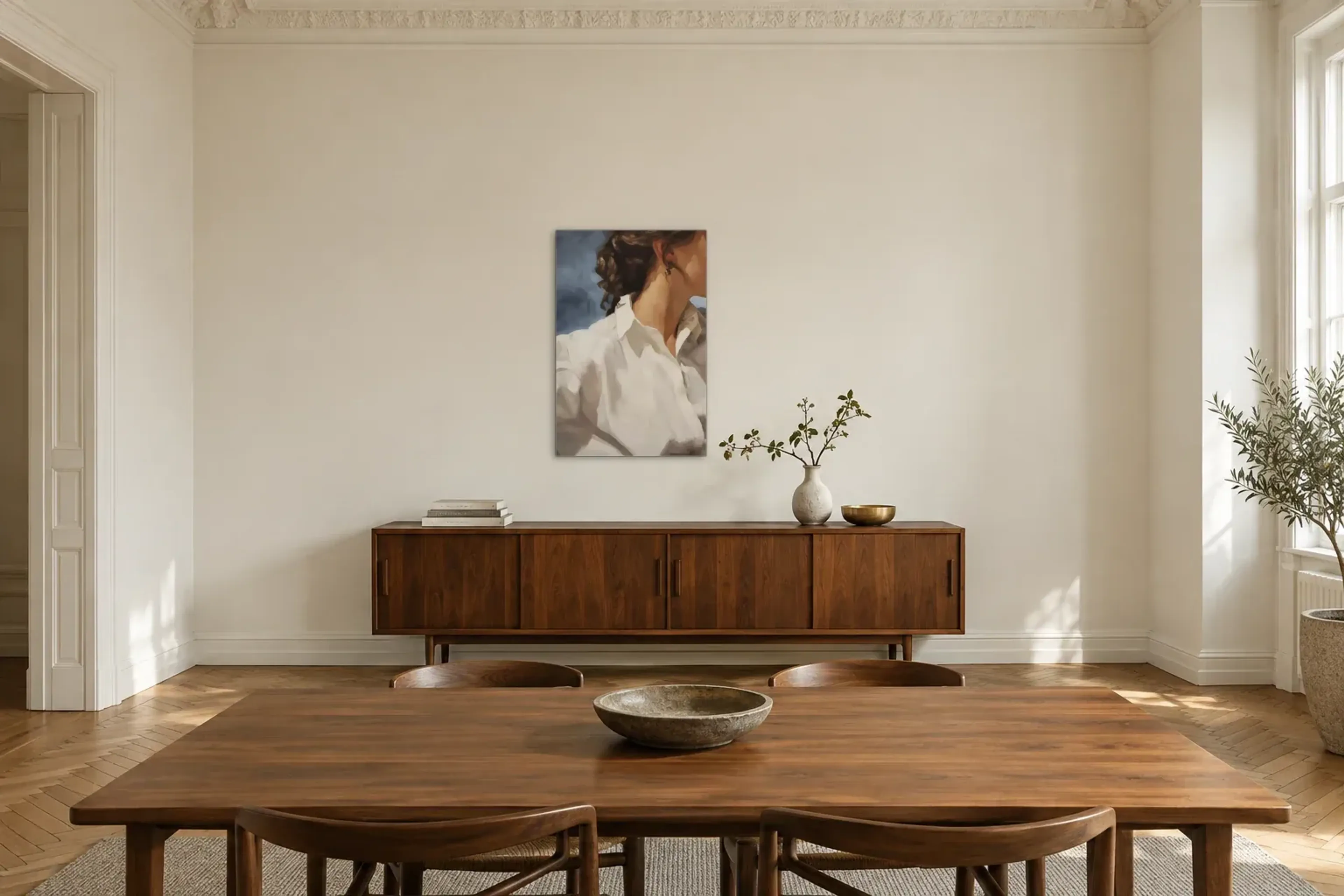 Frau in weißer Bluse als Wandbild über einem 200-cm-Sideboard