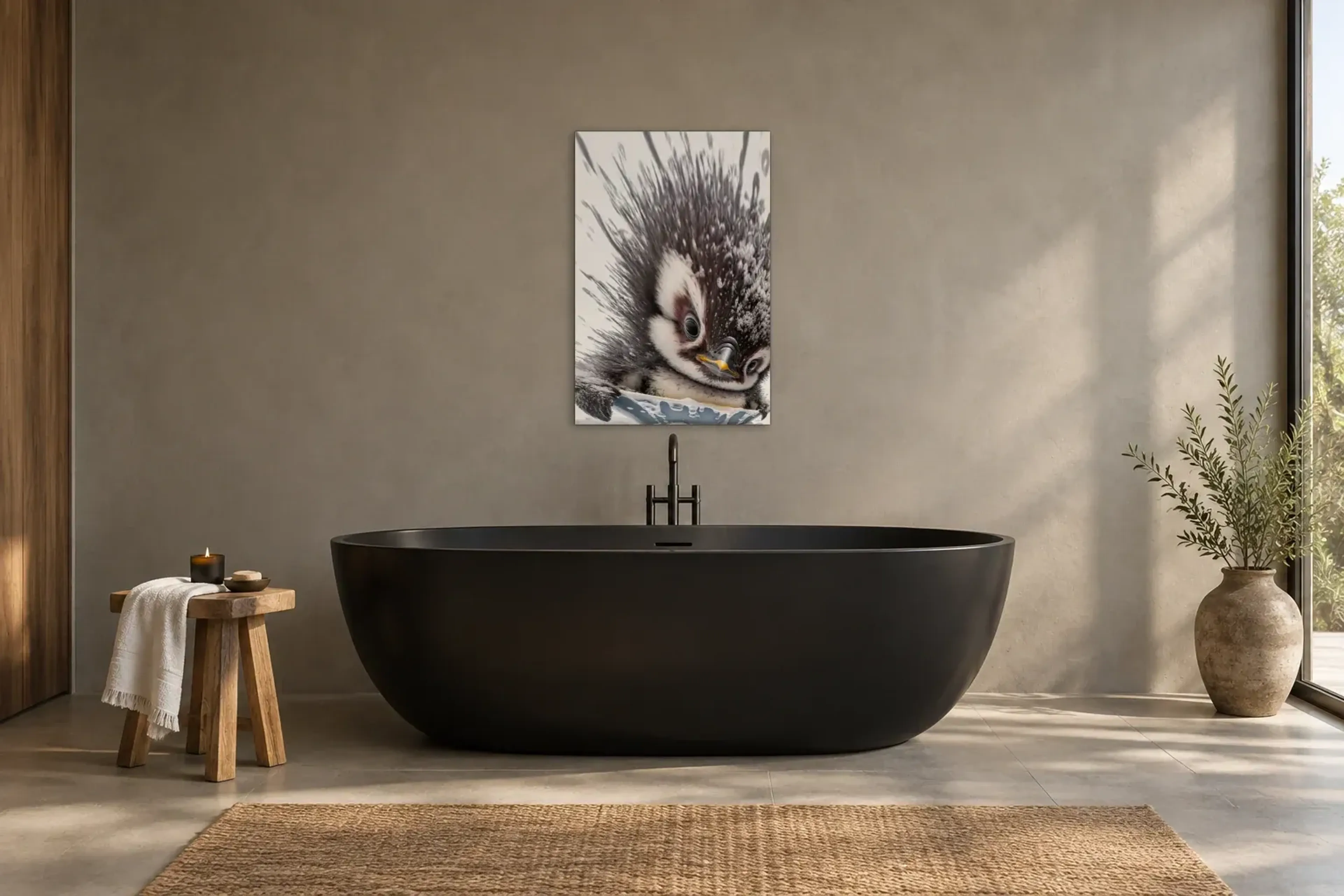 Pinguin im Spritzwasser als Wandbild über einer 170-cm-Badewanne