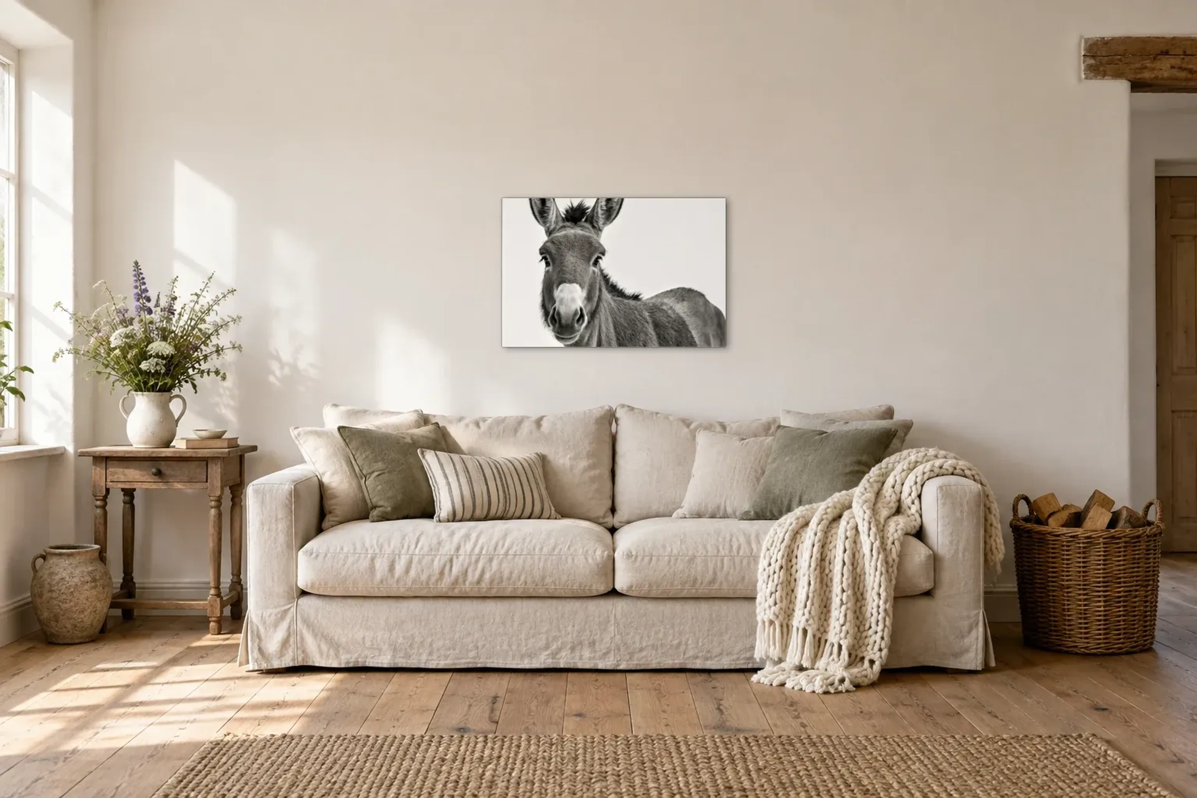 Esel schwarz weiß als Wandbild über einem 220-cm-Sofa
