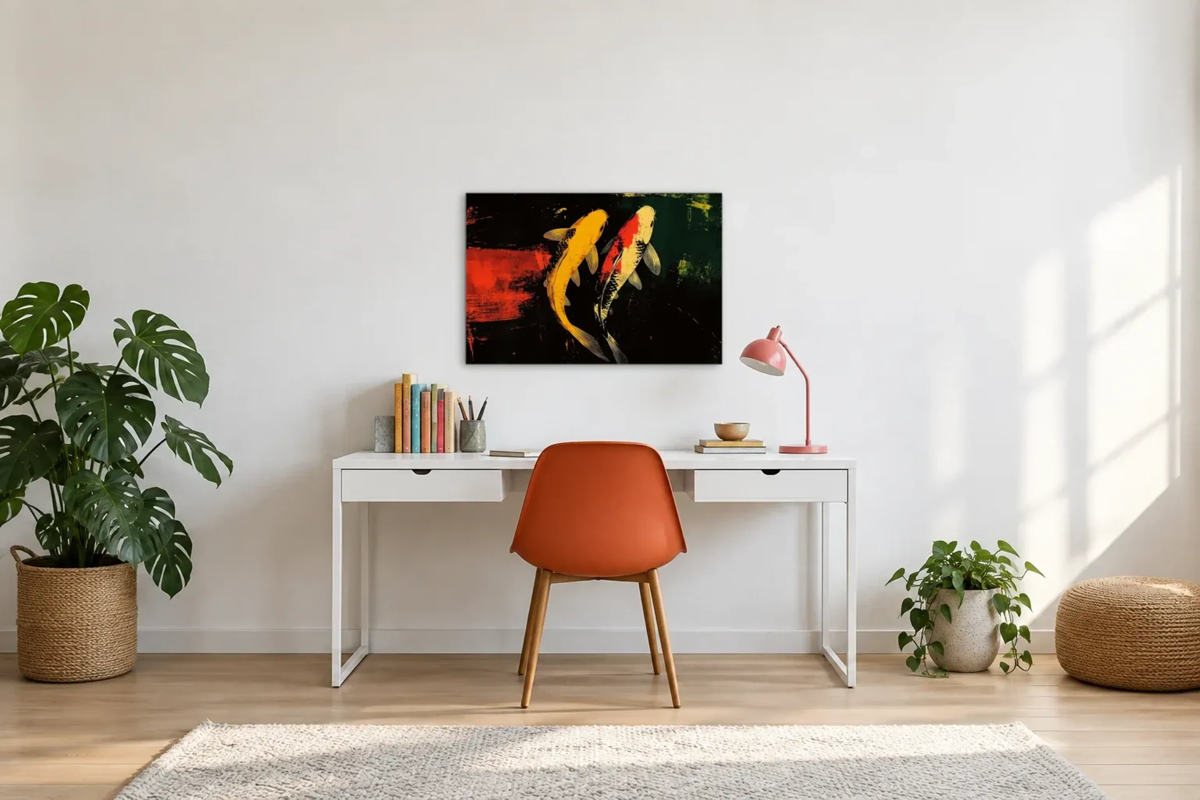 Koi Fische als Wandbild über einem 140-cm-Schreibtisch