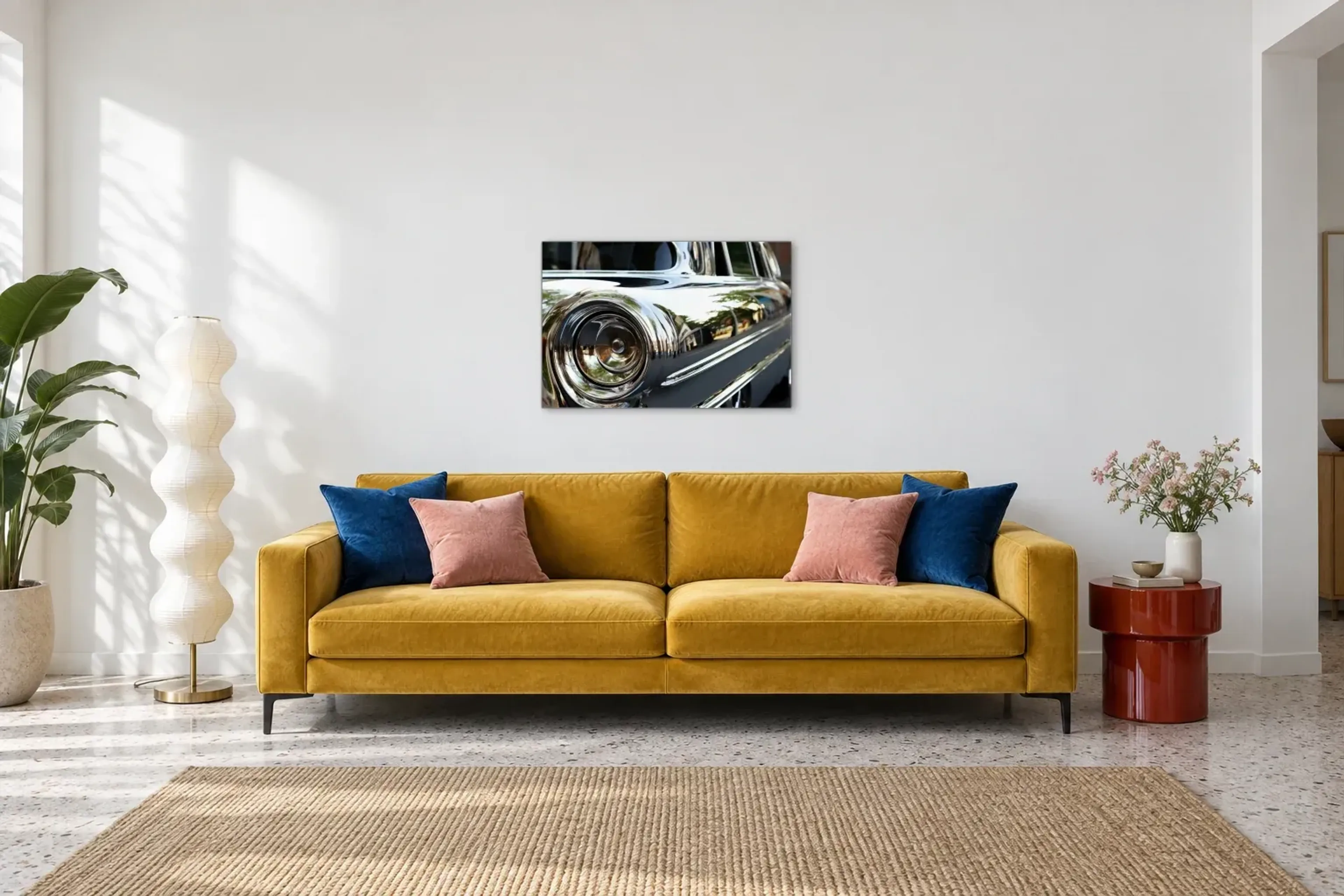 Chrom Rückleuchte als Wandbild über einem 220-cm-Sofa